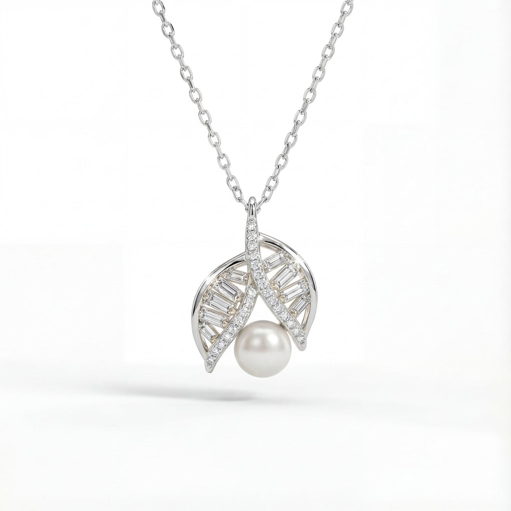 Leaf Halo Pearl Pendant Necklace
