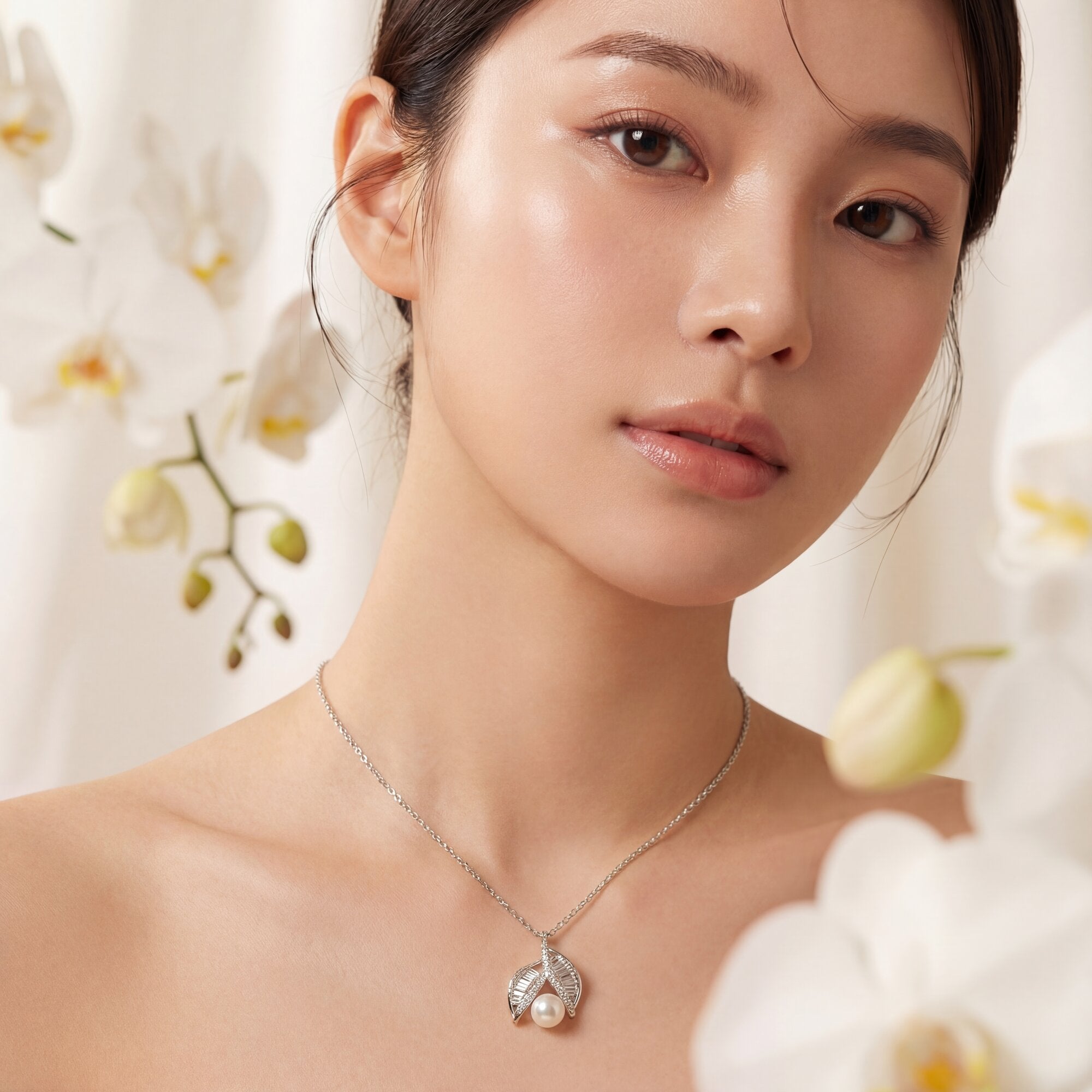 Leaf Halo Pearl Pendant Necklace