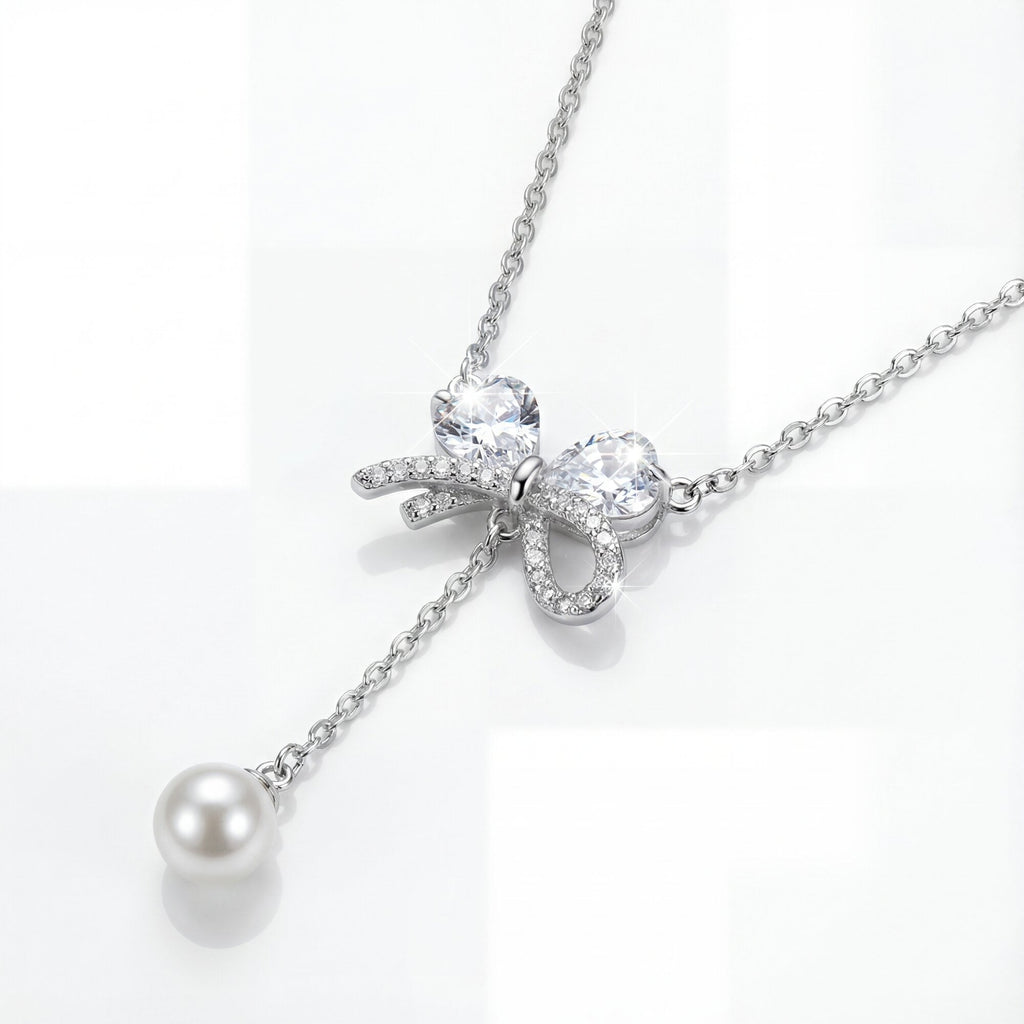 "Audrey" Crystal Bow & Pearl Y-Necklace