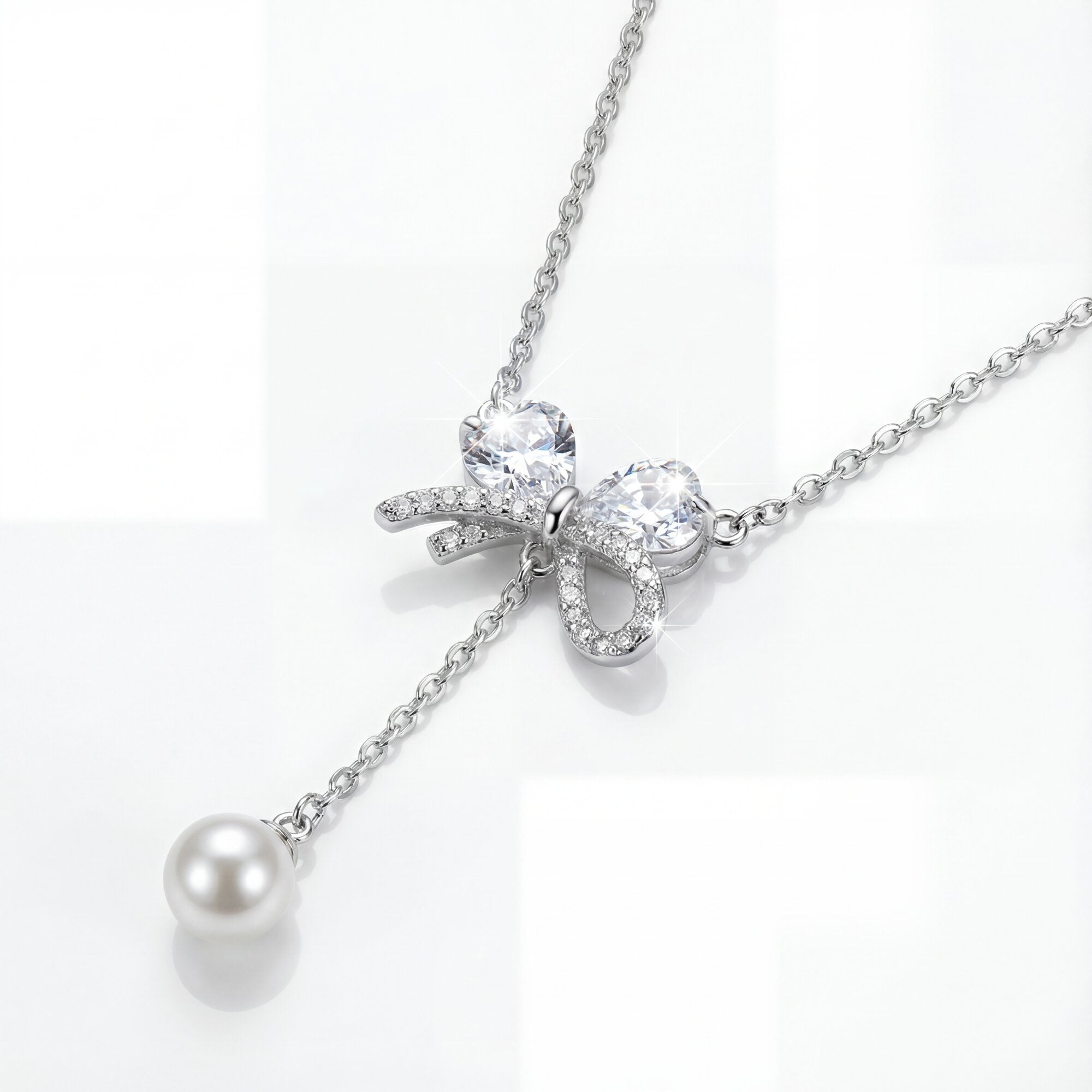 "Audrey" Crystal Bow & Pearl Y-Necklace