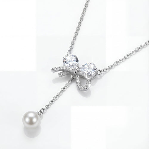 "Audrey" Crystal Bow & Pearl Y-Necklace
