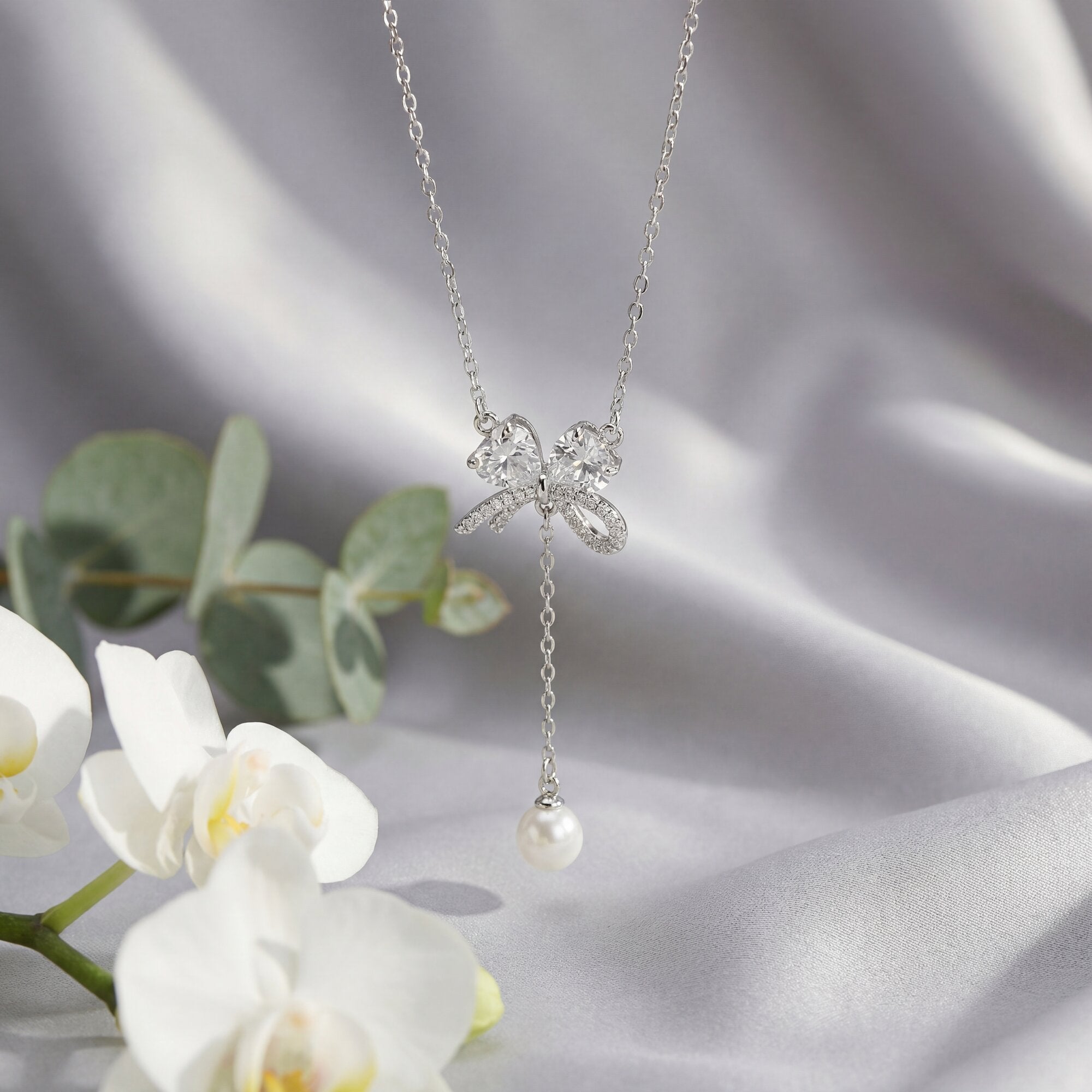 "Audrey" Crystal Bow & Pearl Y-Necklace