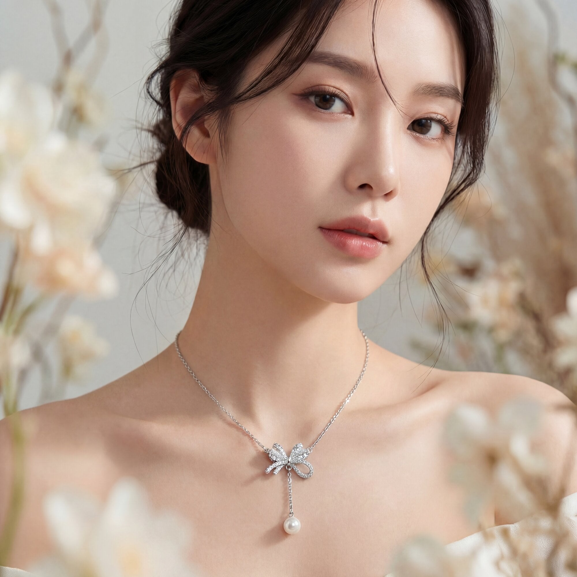 "Audrey" Crystal Bow & Pearl Y-Necklace