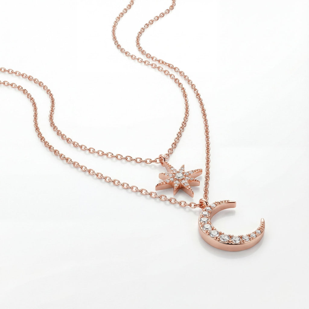 The Cosmic Rose Layered Star & Moon Necklace