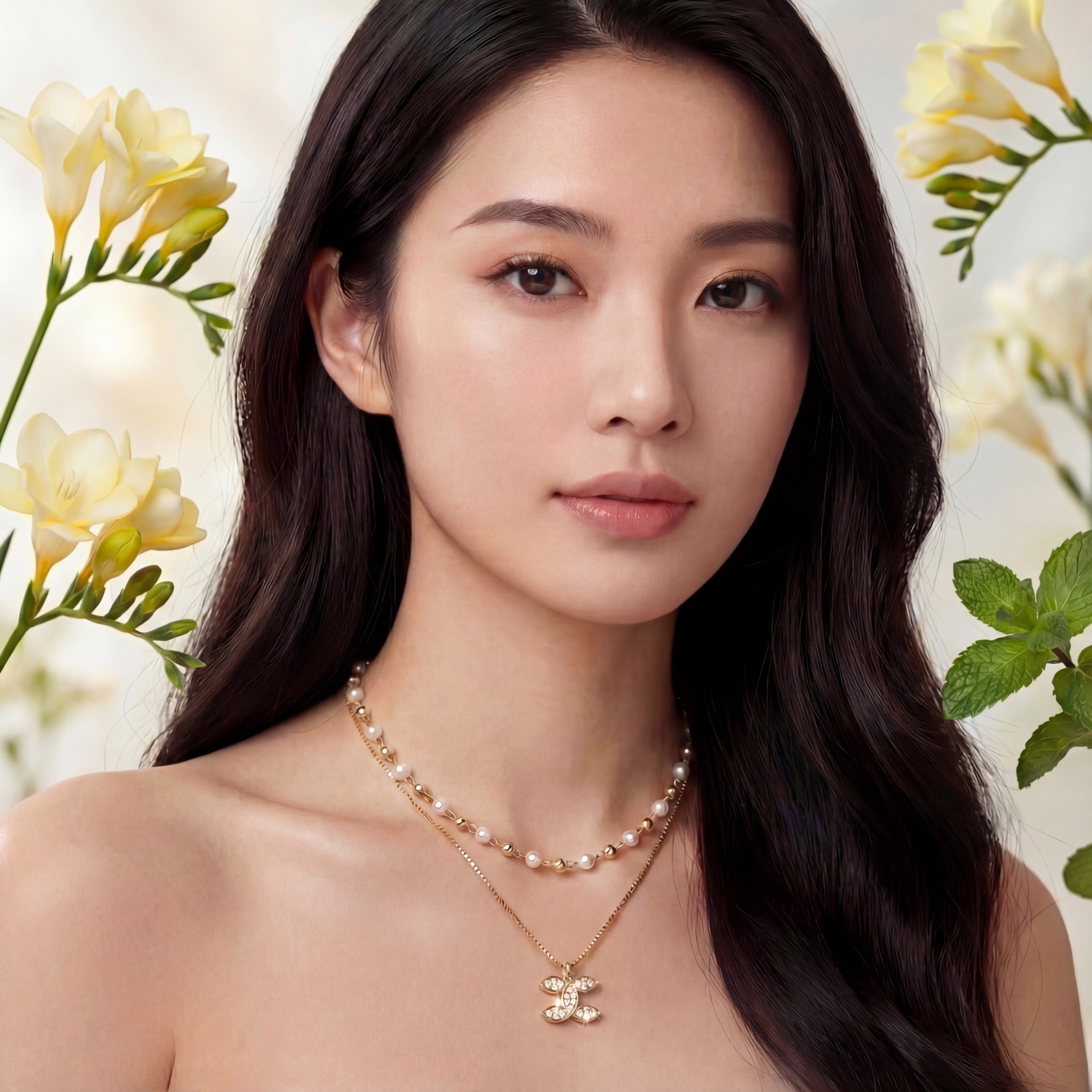 Korean Graceful Bloom Layered Pearl & Marquise Necklace : YUFSNL227