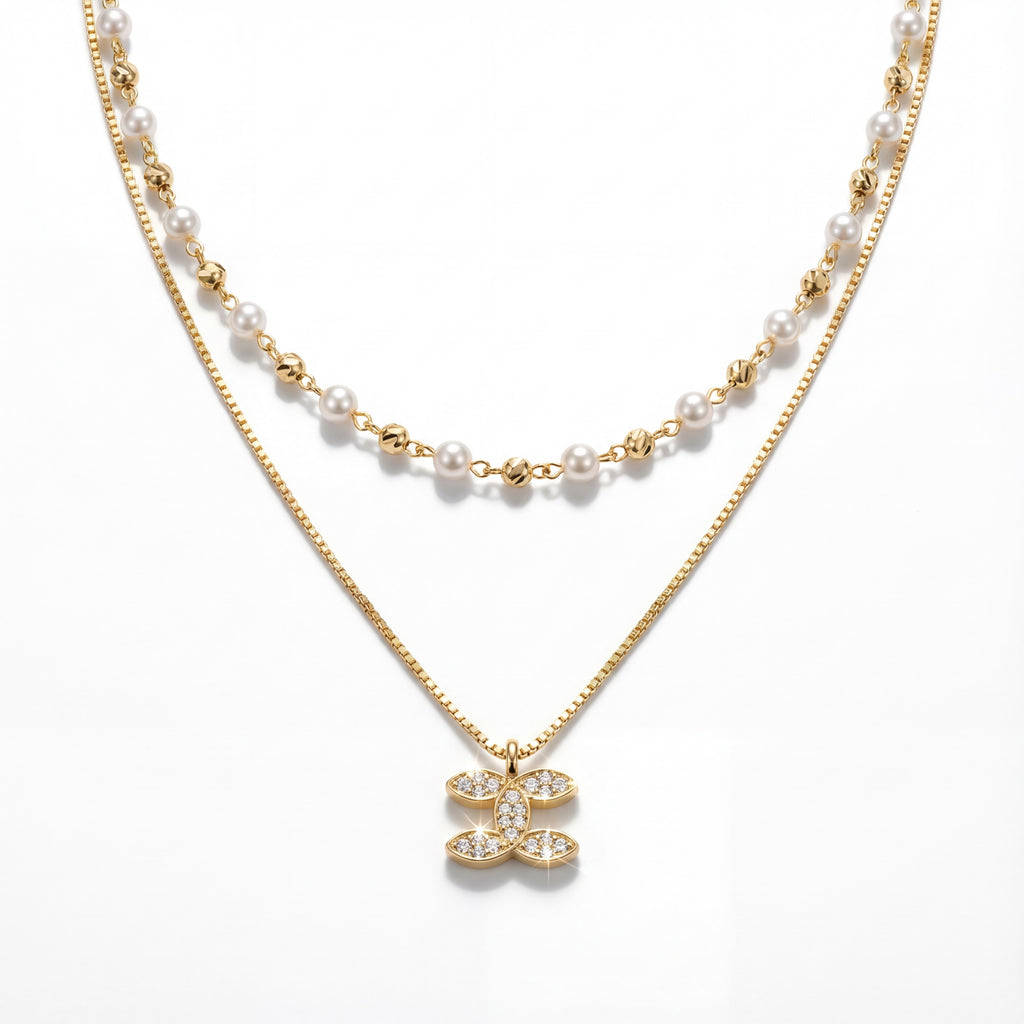 Korean Graceful Bloom Layered Pearl & Marquise Necklace : YUFSNL227