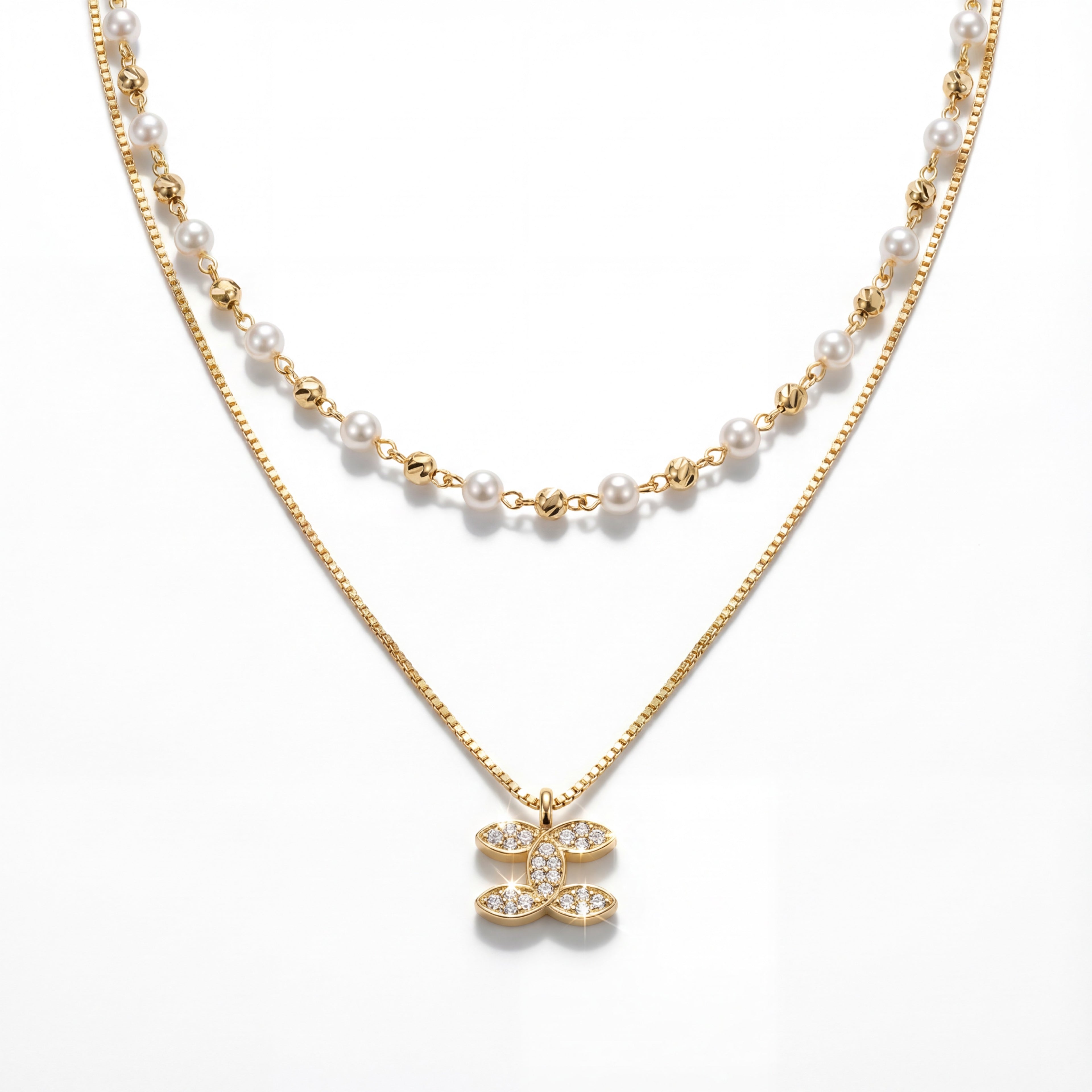 Korean Graceful Bloom Layered Pearl & Marquise Necklace : YUFSNL227