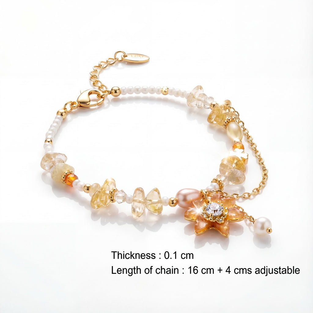 Korean Golden Sunburst Citrine & Pearl Floral Bracelet : YUFSBR204