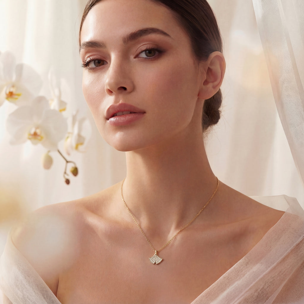 Korean Gilded Ginkgo Pavé Necklace : YUFSNL220