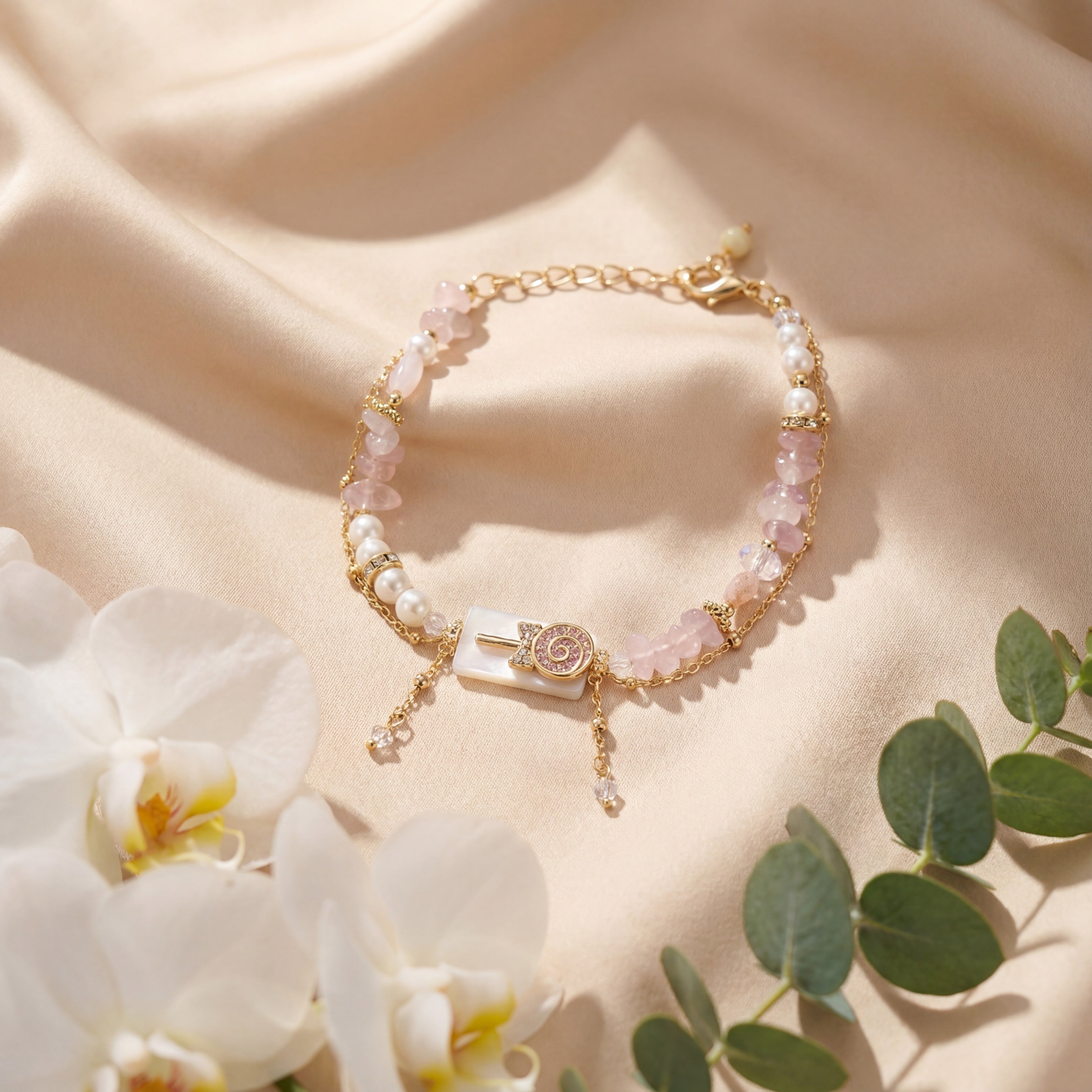 Korean Blushing Rose Quartz & Mother-Of-Pearl Lollipop Bracelet : YUFSBR205