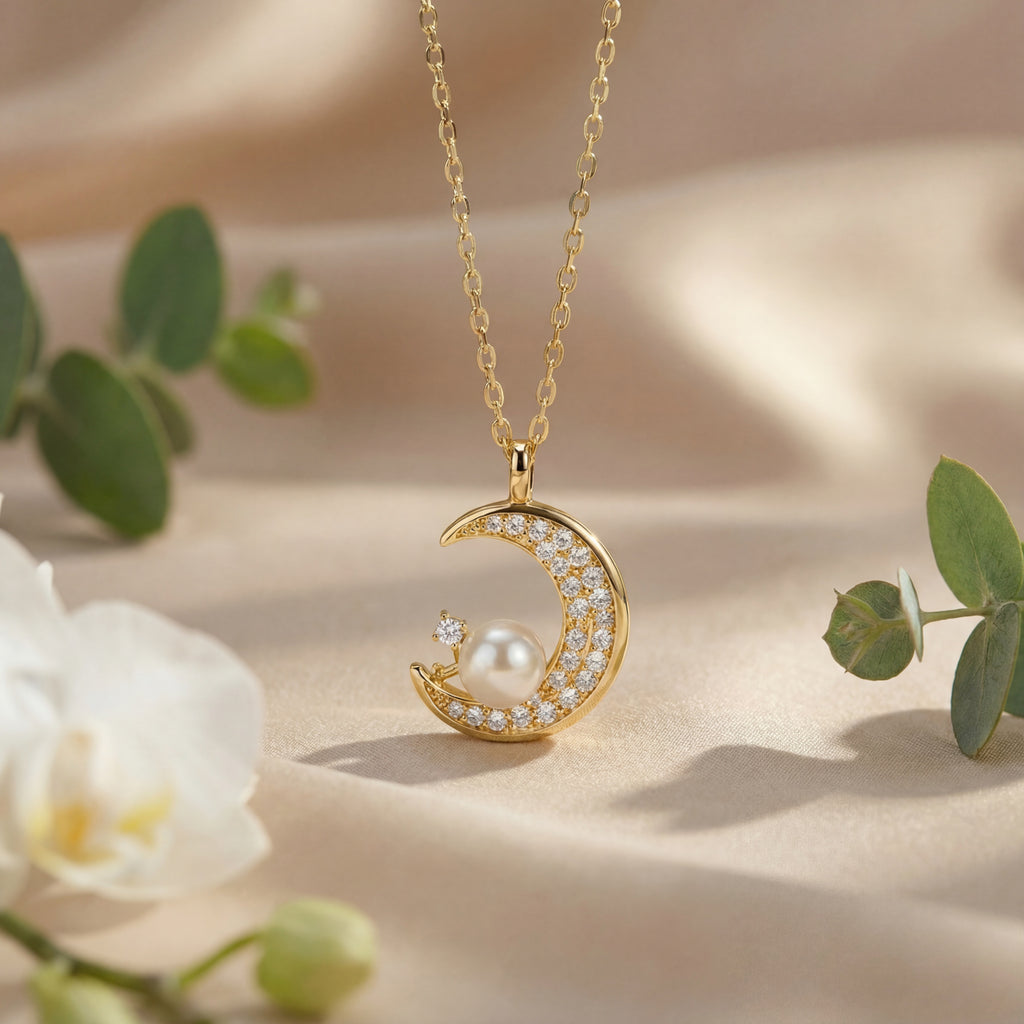 Korean Dreamer Crescent Moon & Pearl Necklace : YUFSNL215-YG