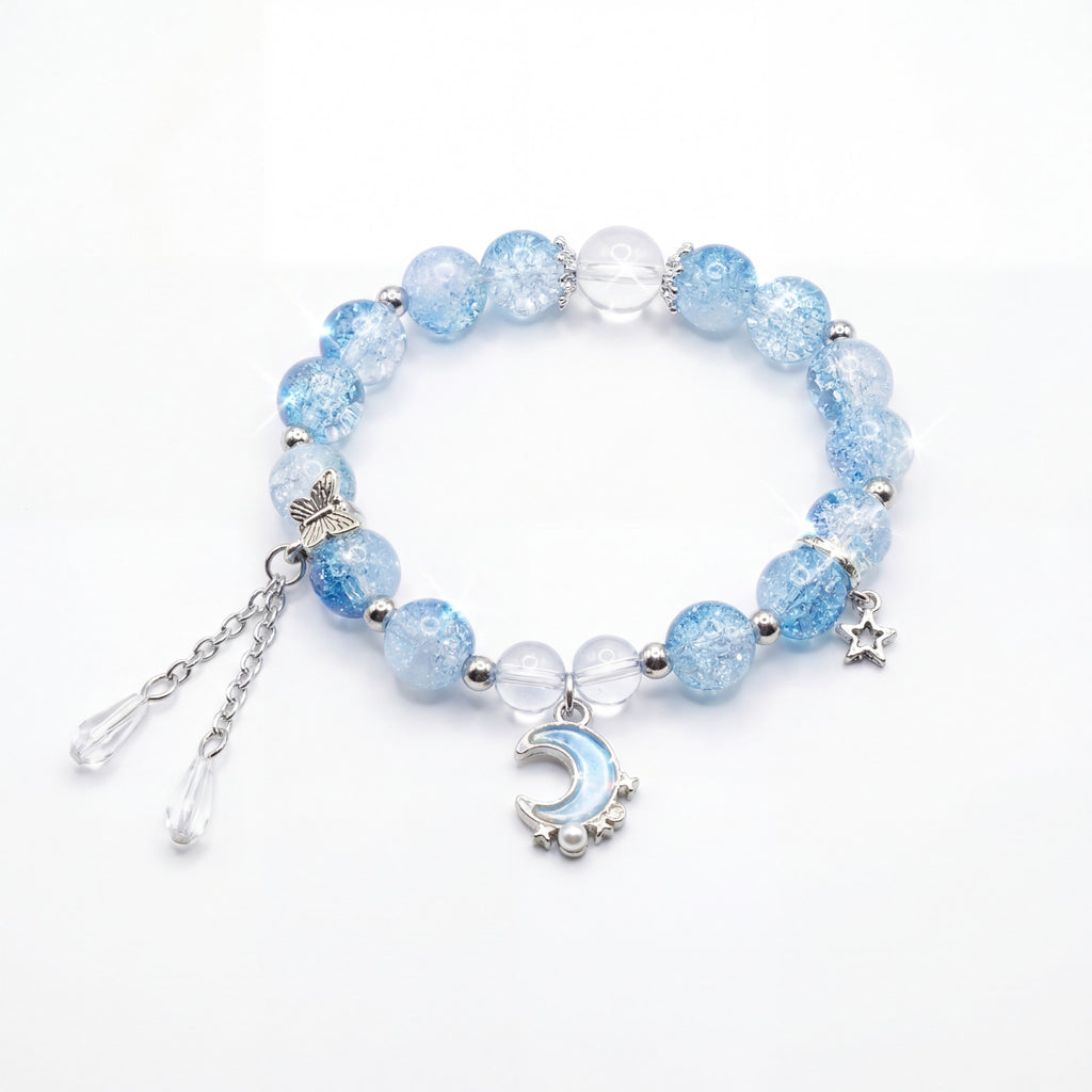 Korean Midnight Moon & Star Crackle Glass Charm Bracelet : YUFSBR213