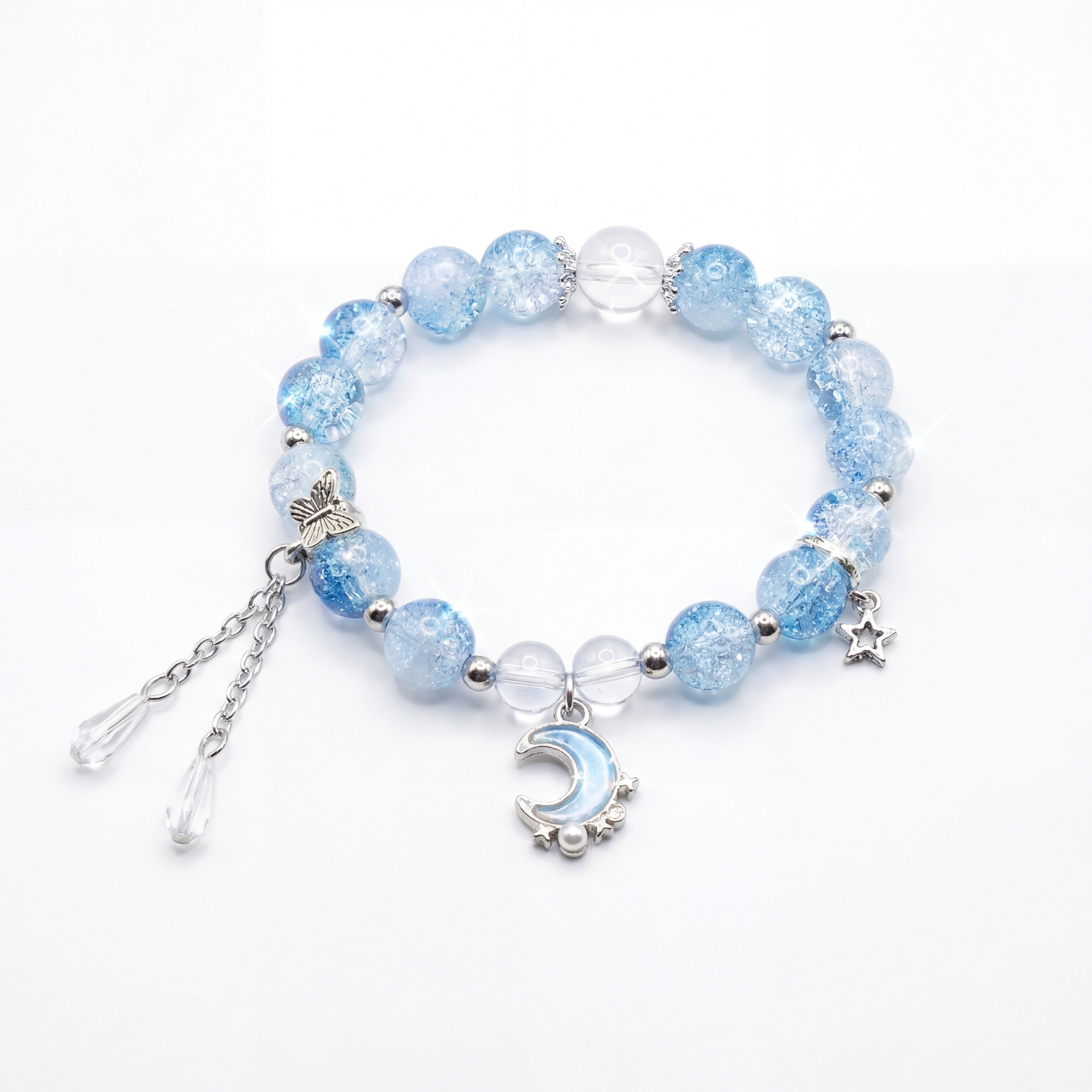 Korean Midnight Moon & Star Crackle Glass Charm Bracelet : YUFSBR213
