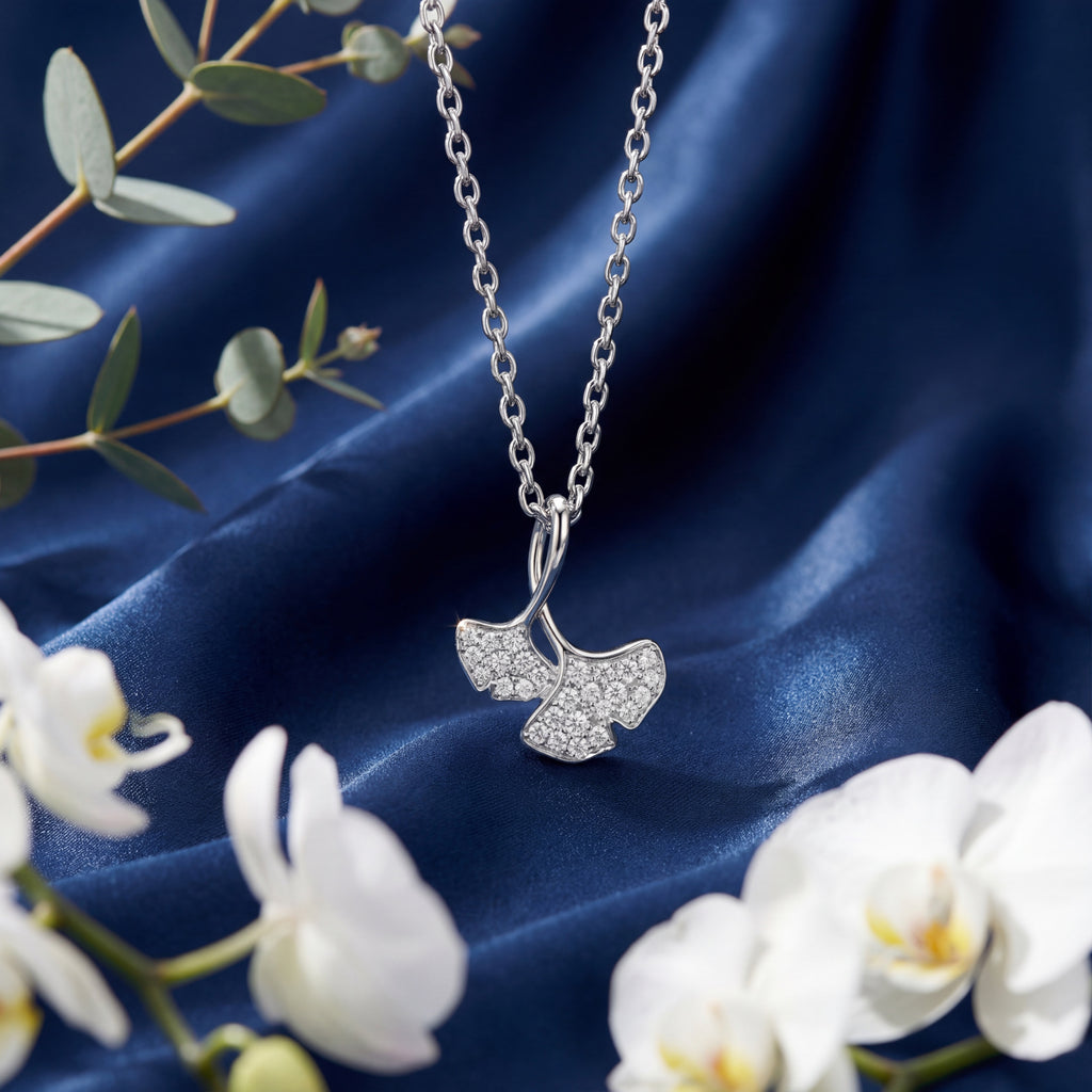 Korean Ginkgo Gleam Pavé Leaf Pendant Necklace : YUFSNL236