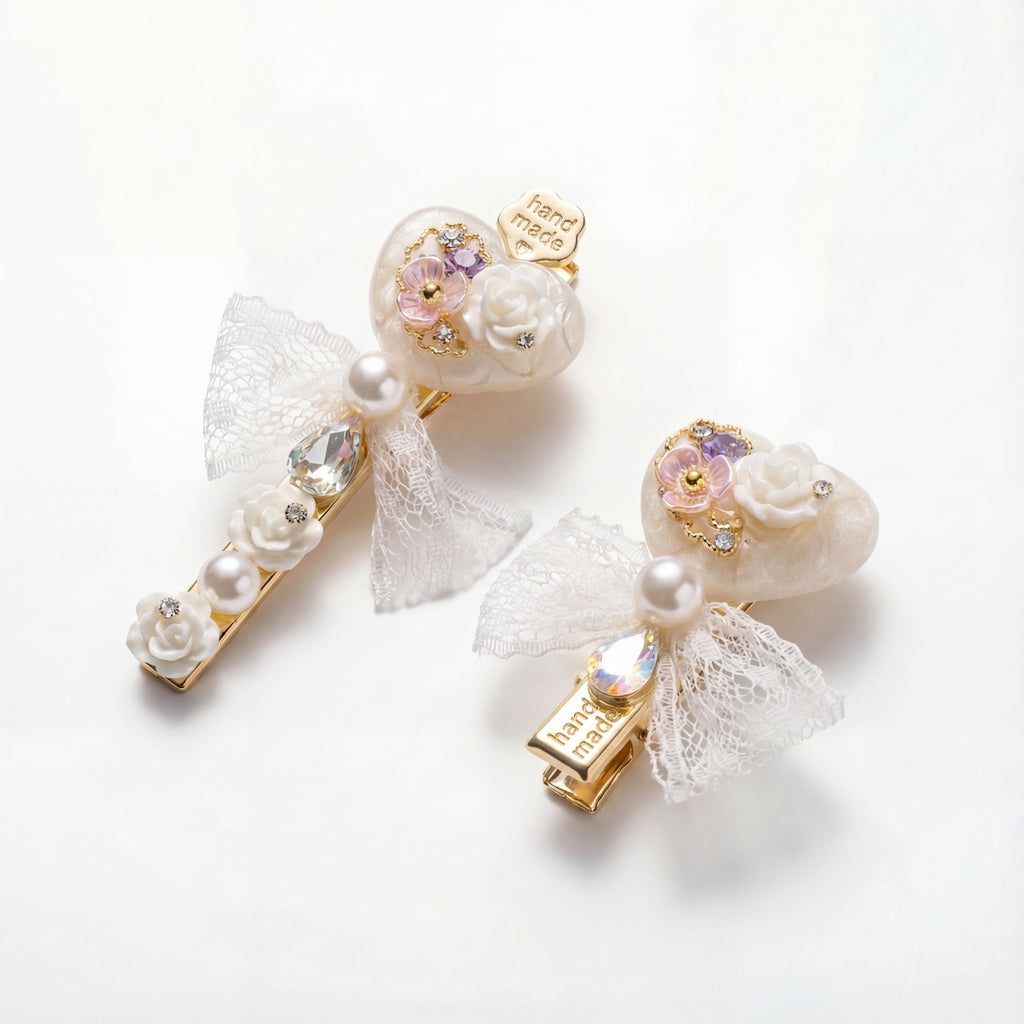 Korean Ethereal Pearl & Lace Blossom Clip Duo : YUFSHR216