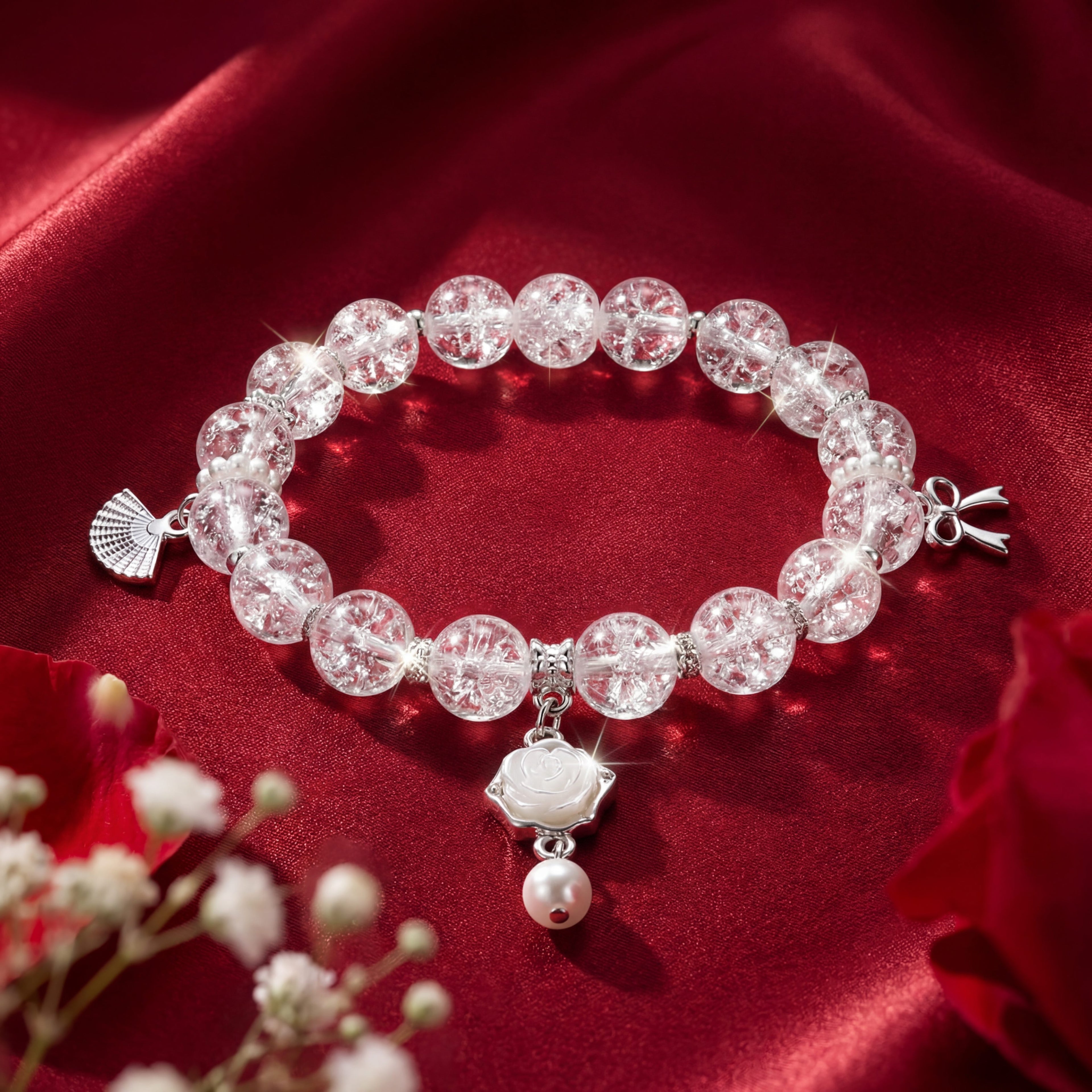 Korean Crackle Quartz & Carved Rose Charm Bracelet : YUFSBR211