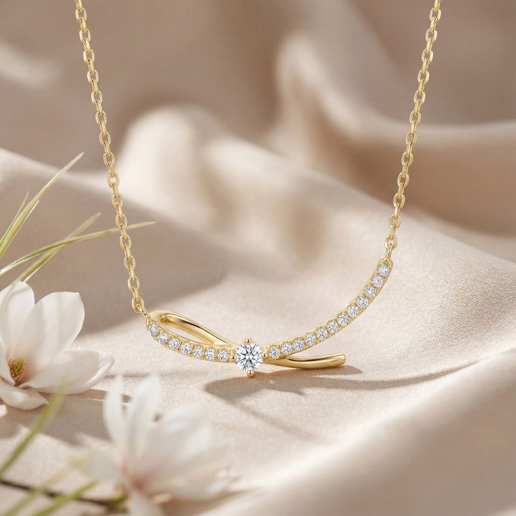 Korean Graceful Pavé Ribbon Bow Necklace : YUFSNL225
