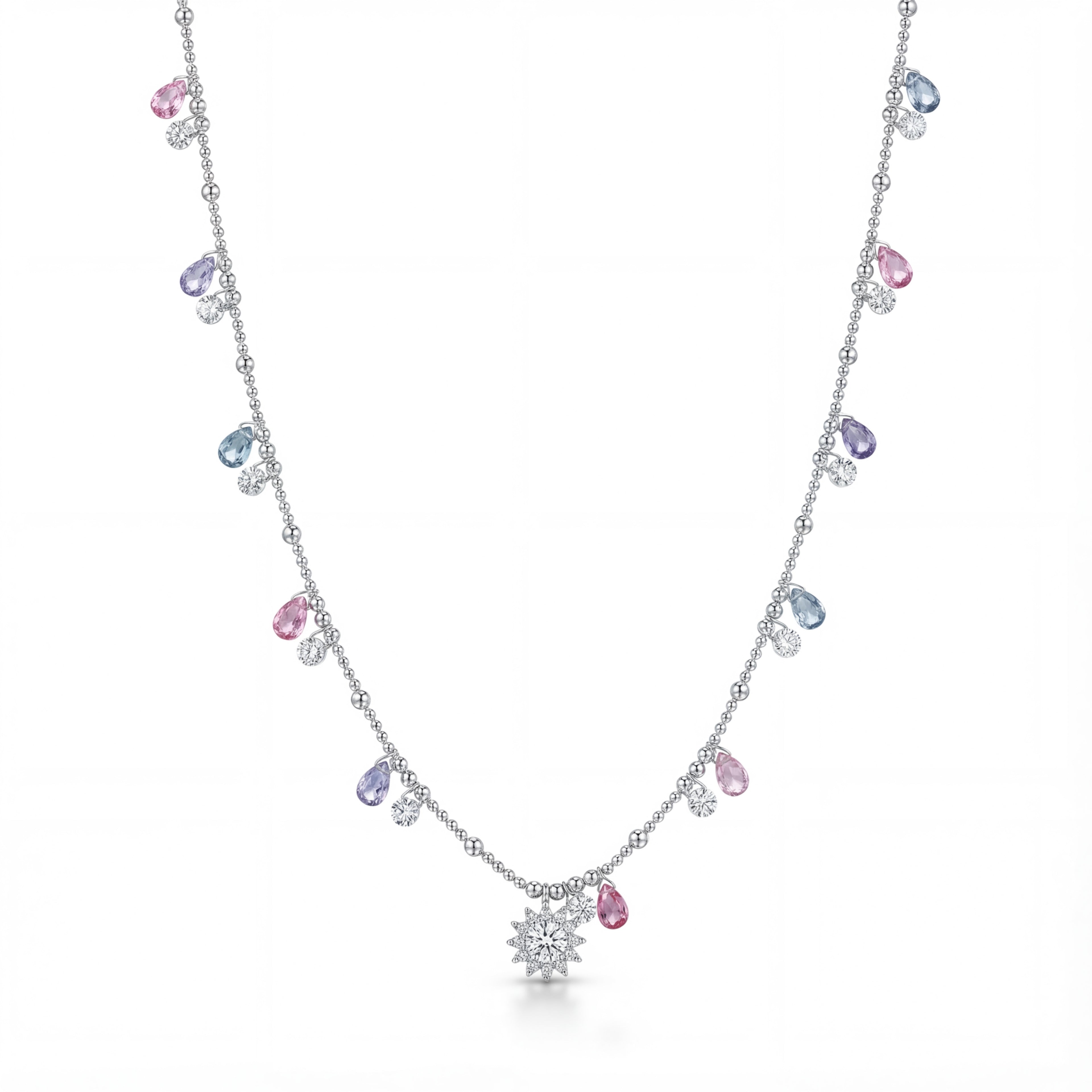 Korean Pastel Teardrop & Starburst Station Necklace : YUFSNL251