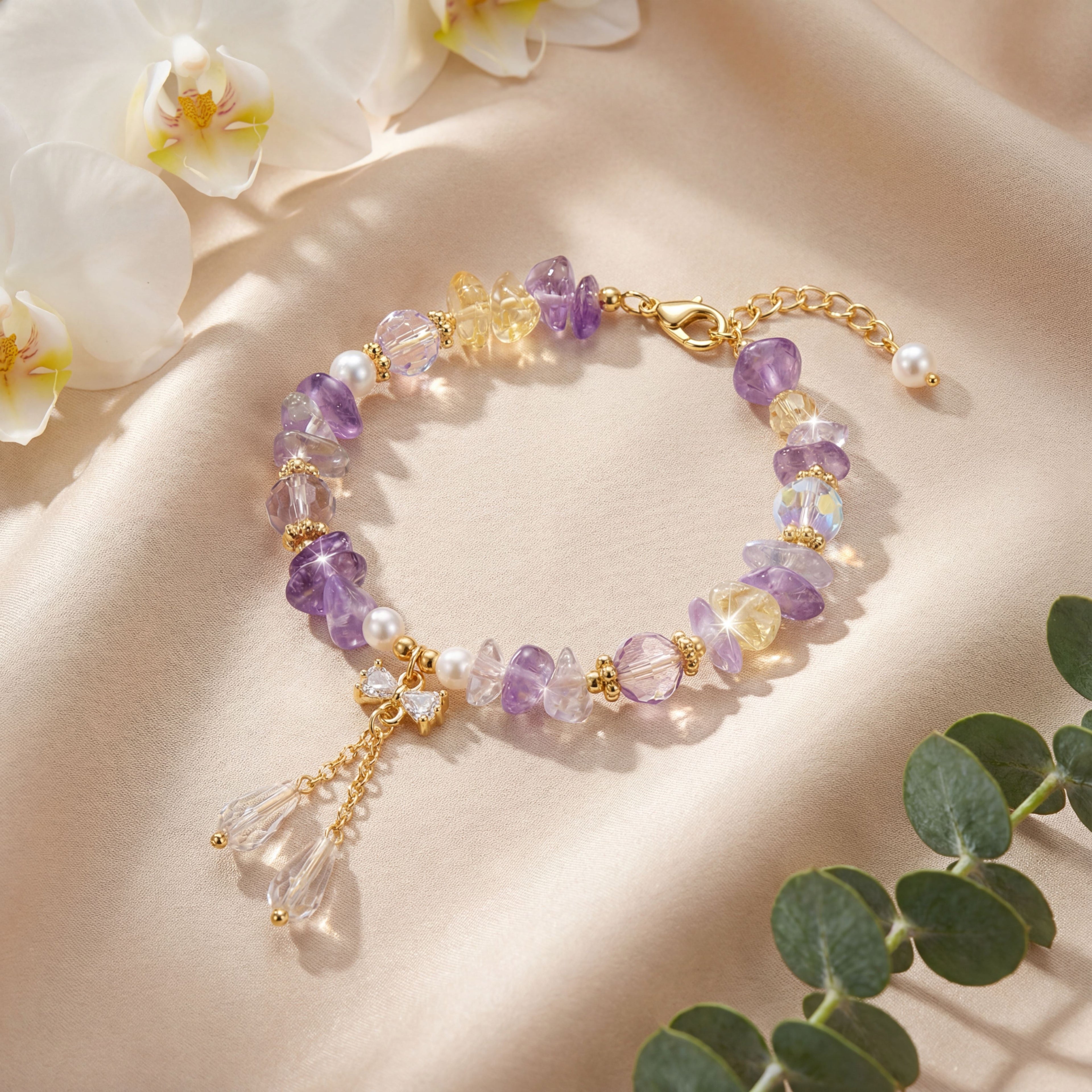 Korean Celestial Harmony Amethyst & Citrine Beaded Charm Bracelet : YUFSBR201