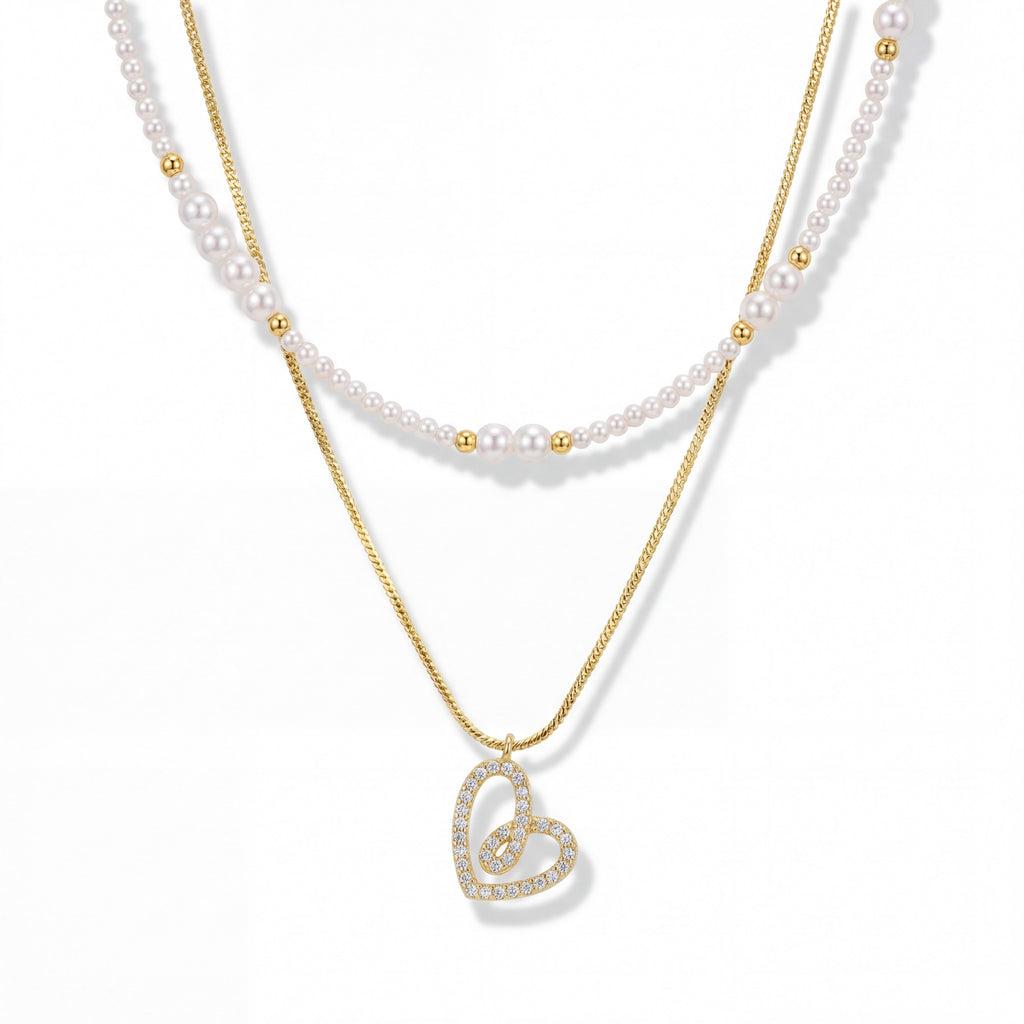 Korean Dainty Gold Heart & Seed Pearl Layering Necklace Set : YUFSNL244