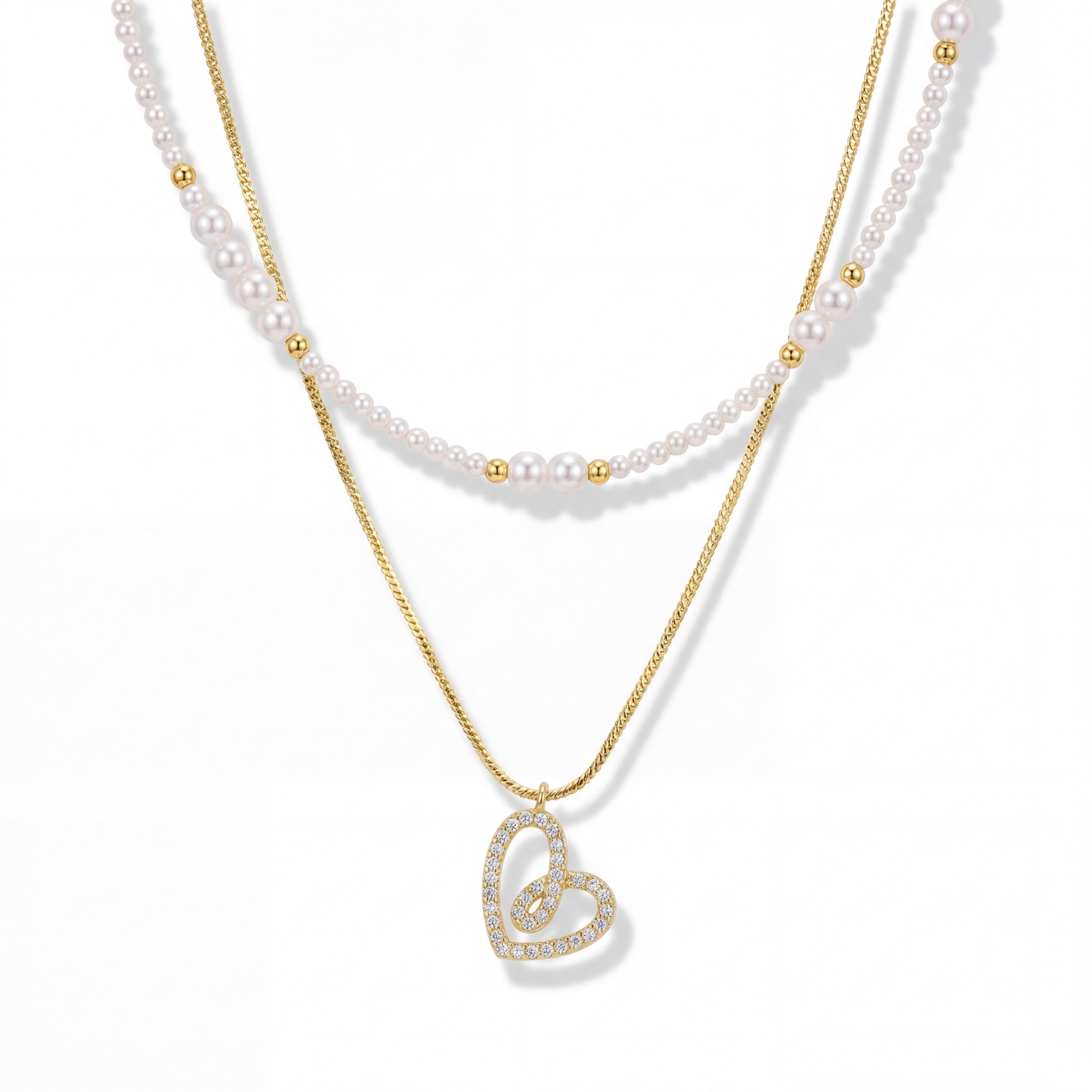 Korean Dainty Gold Heart & Seed Pearl Layering Necklace Set : YUFSNL244