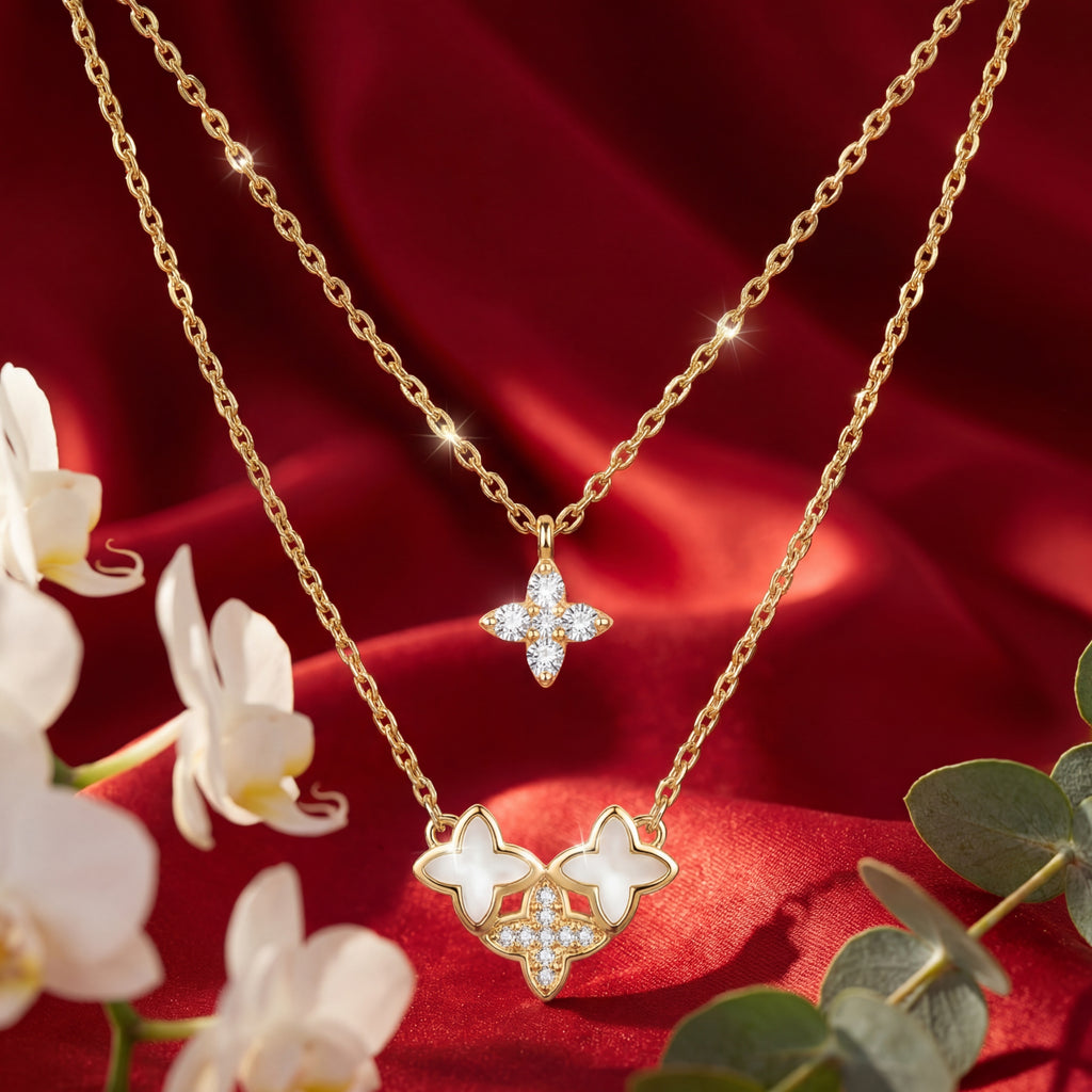 Korean Golden Bloom Layered Floral Quad Necklace : YUFSNL001-YG