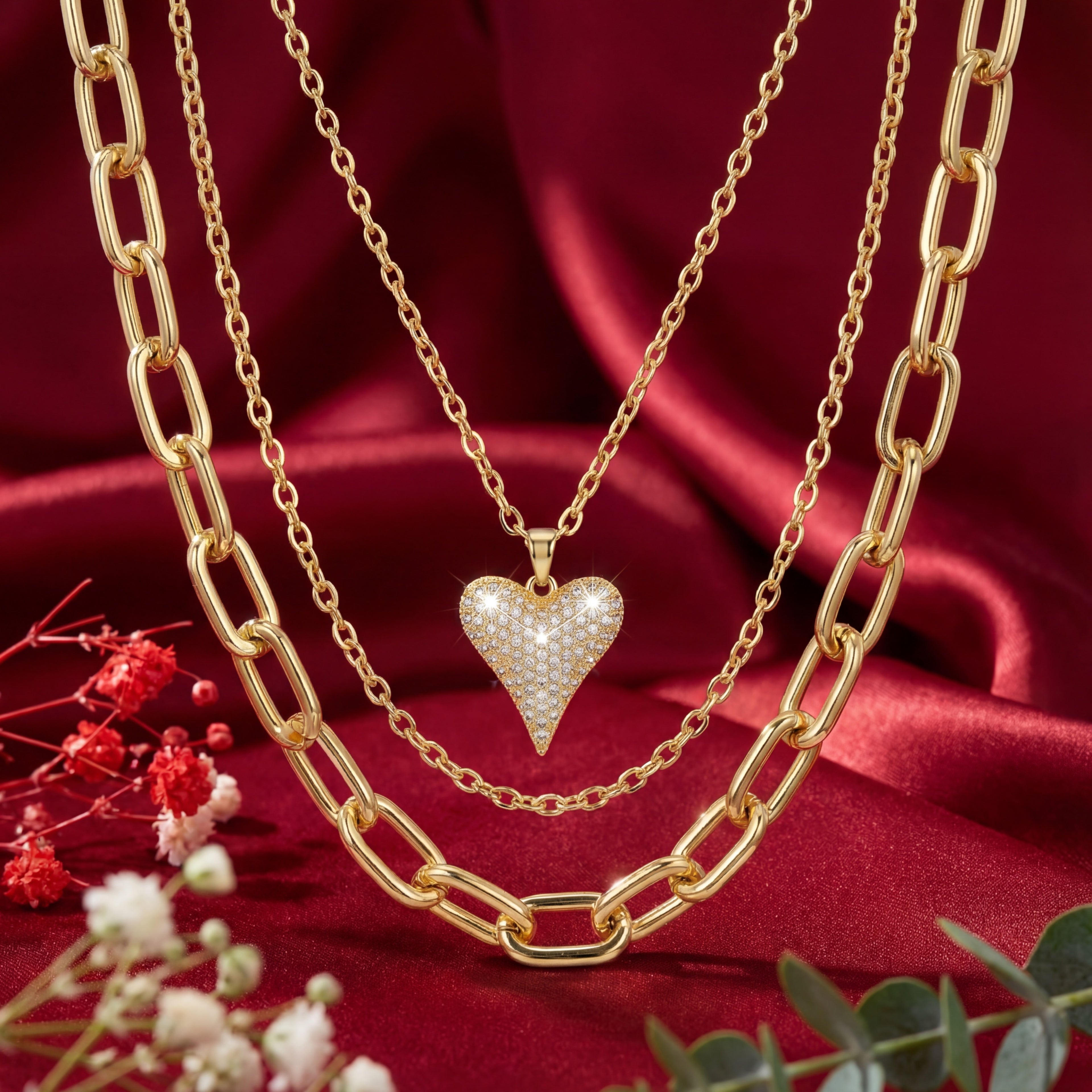 Korean Radiant Pavé Heart Triple-Layer Gold Necklace : YUFSNL254
