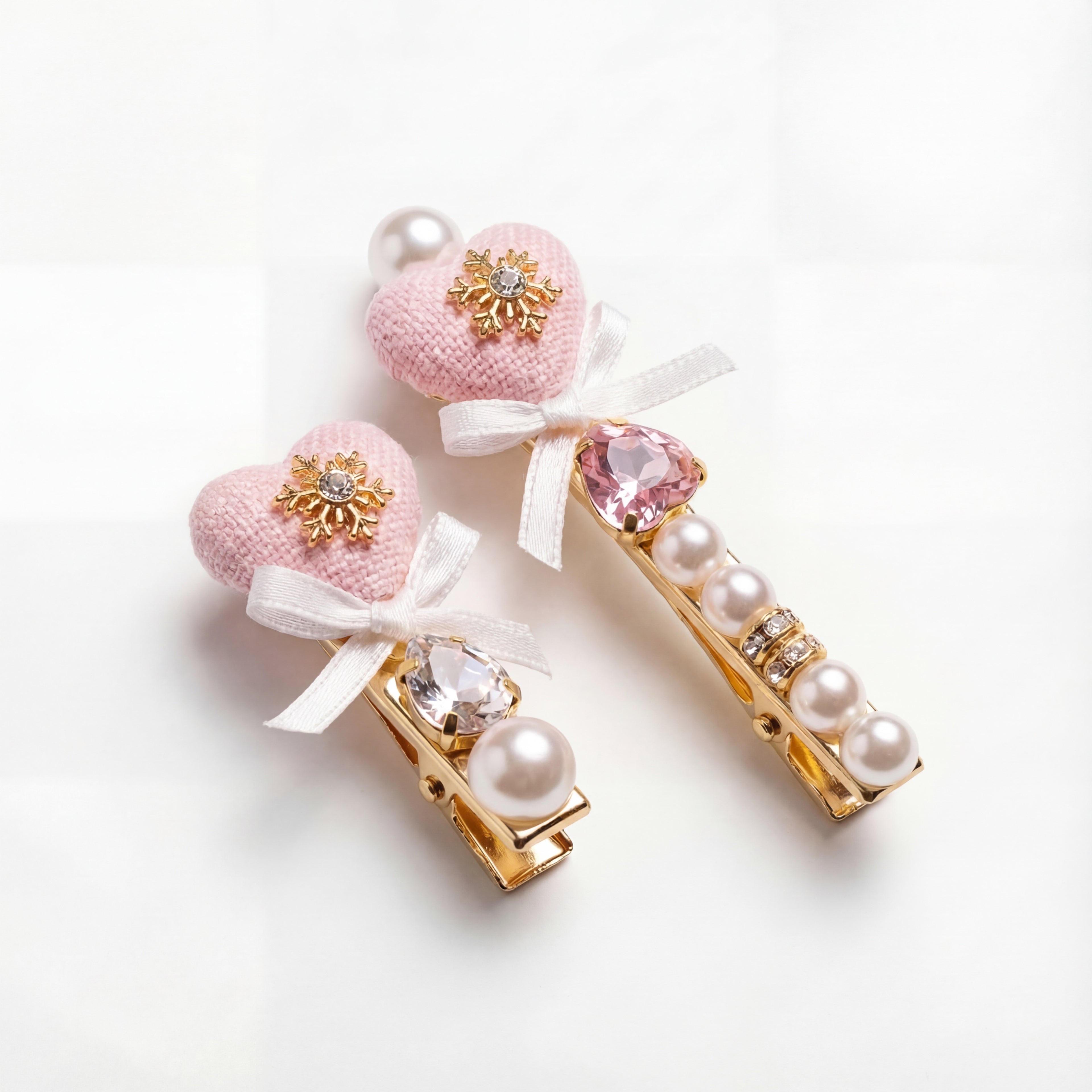 Korean Blush Tweed Heart & Lace Bow Hair Clip Duo : YUFSHR215