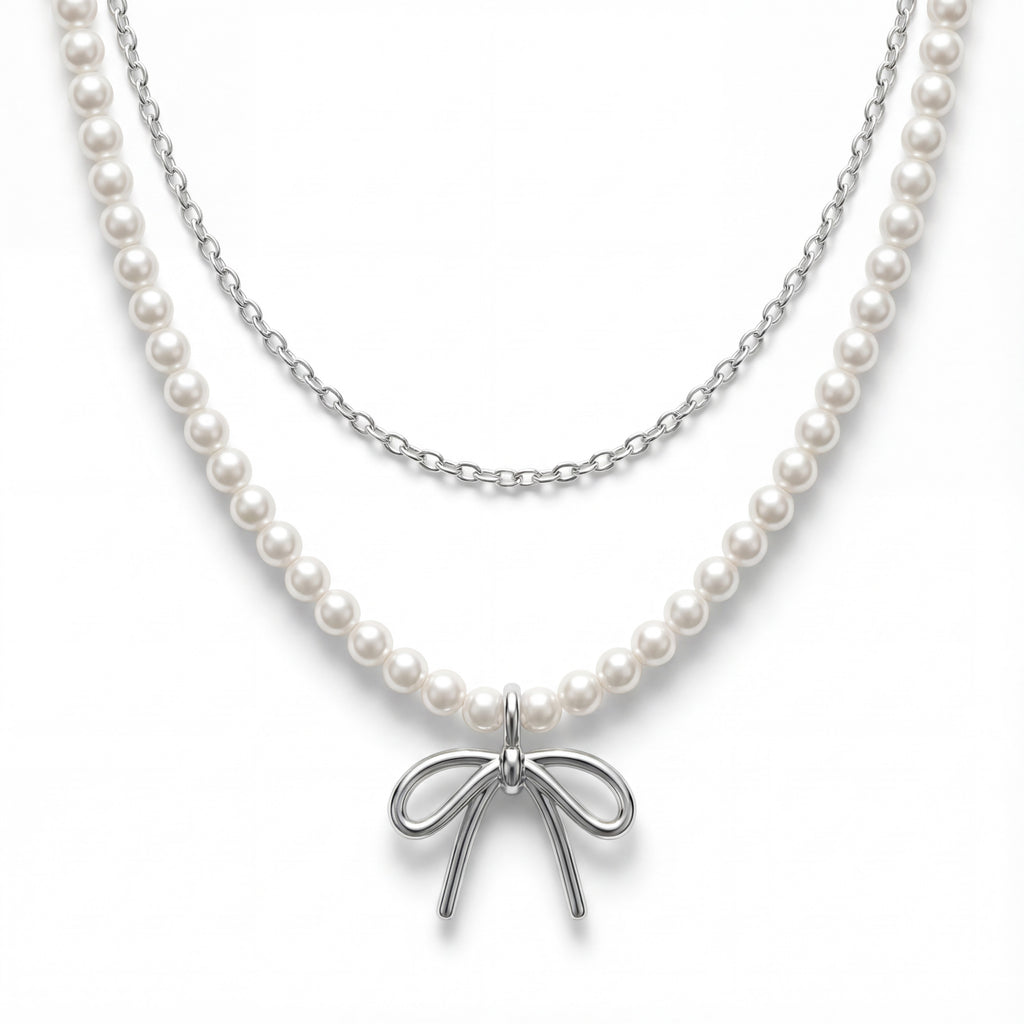 Korean Timeless Pavé Bow Pearl Necklace : YUFSNL250