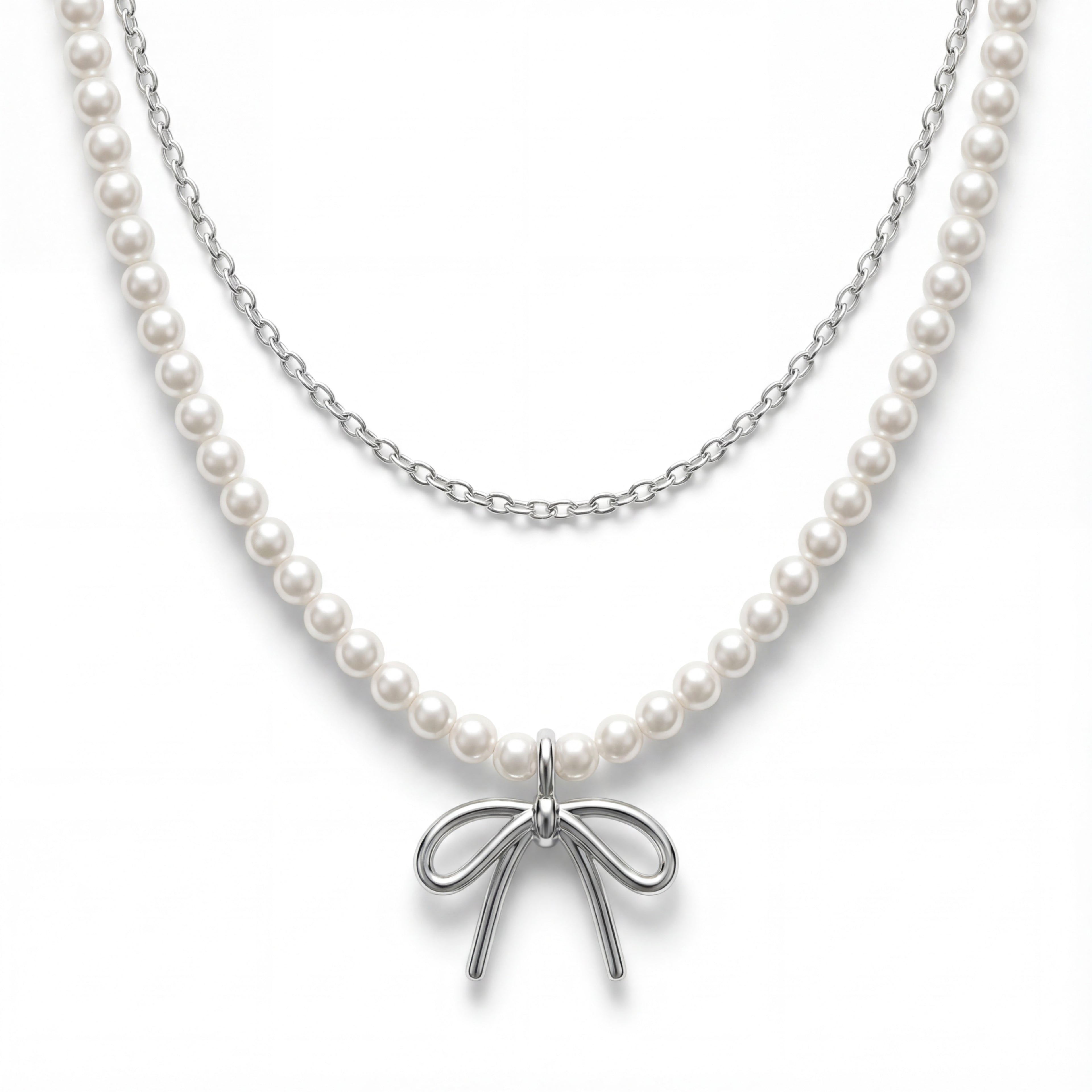 Korean Timeless Pavé Bow Pearl Necklace : YUFSNL250