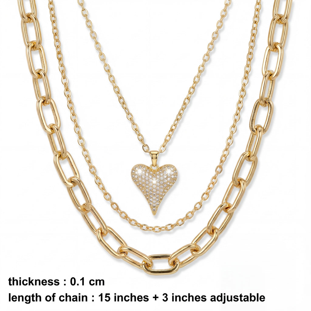 Korean Radiant Pavé Heart Triple-Layer Gold Necklace : YUFSNL254