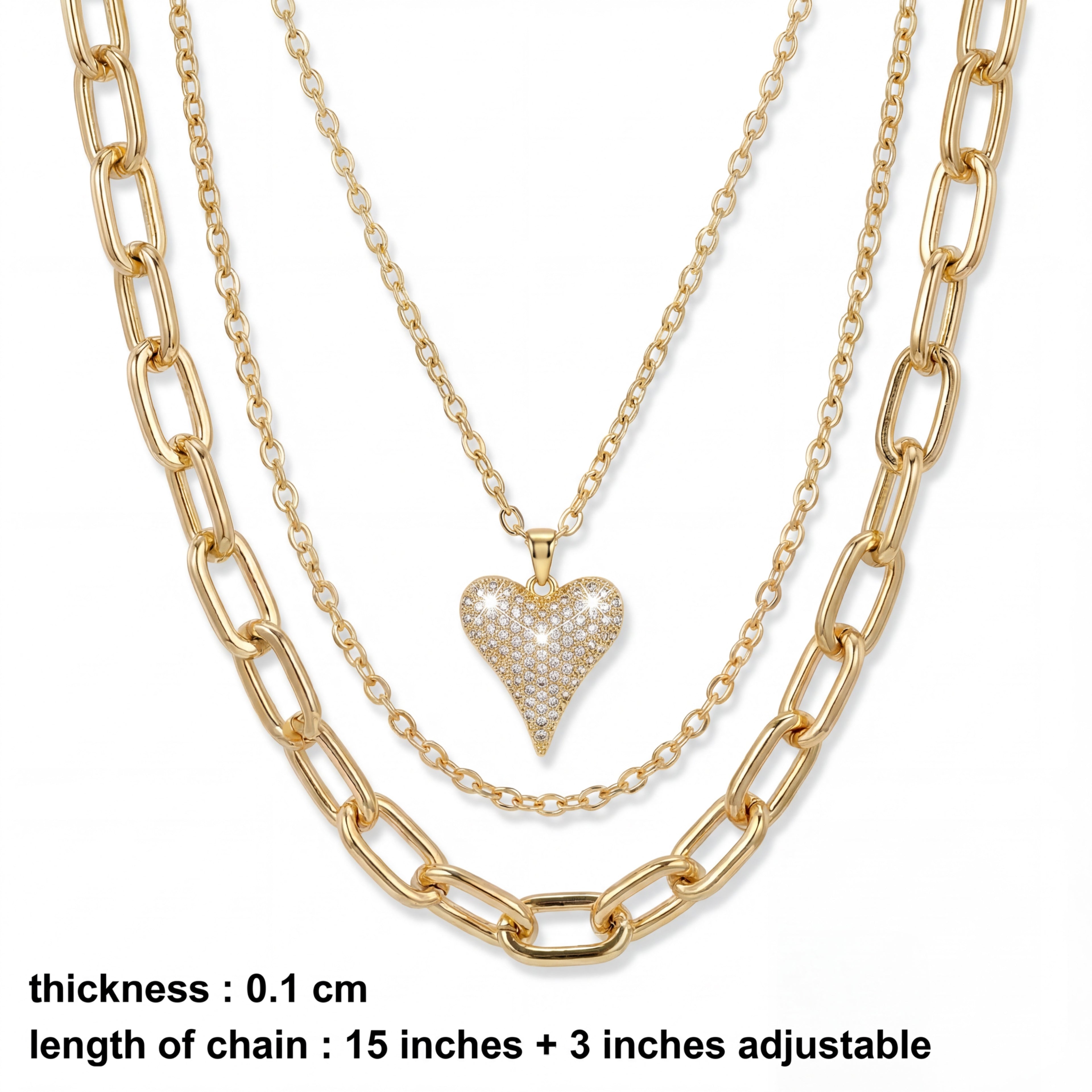 Korean Radiant Pavé Heart Triple-Layer Gold Necklace : YUFSNL254