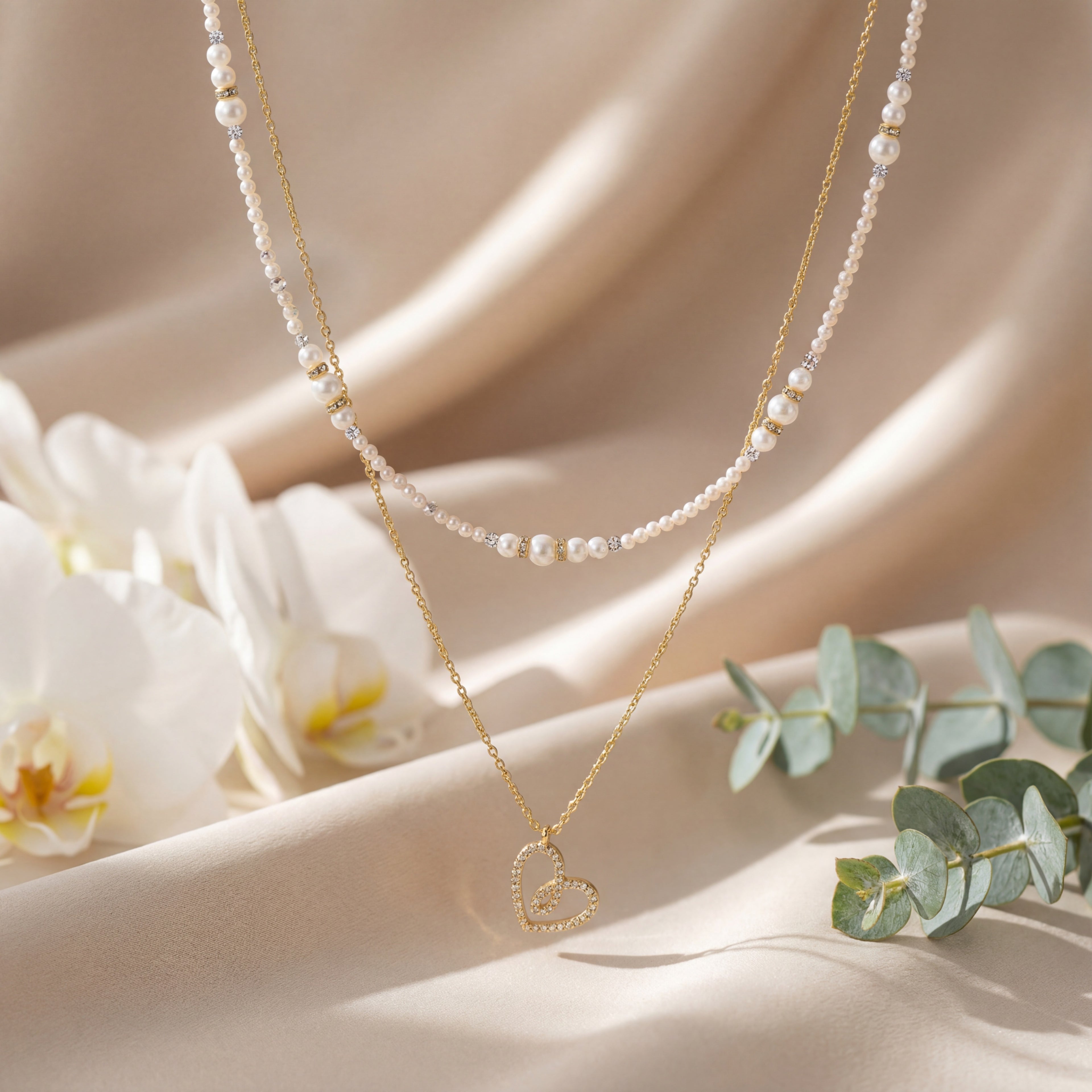 Korean Dainty Gold Heart & Seed Pearl Layering Necklace Set : YUFSNL244
