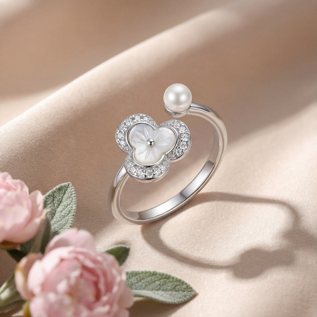Korean Floral Pearl Open Bypass Ring : YUFSRG004-SL