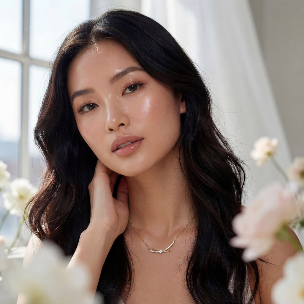 Korean Graceful Pavé Ribbon Bow Necklace : YUFSNL225