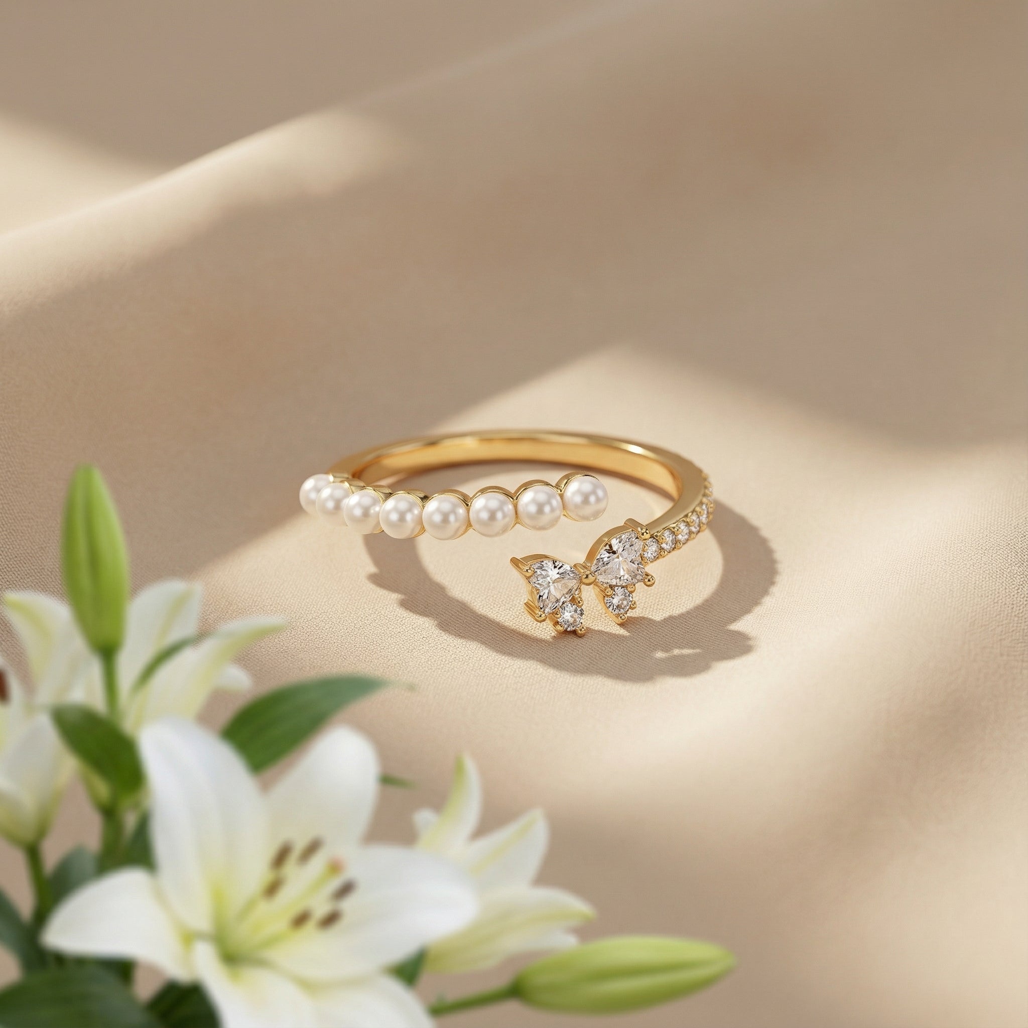 Korean Ethereal Butterfly & Pearl Open Ring : YUFSRG203