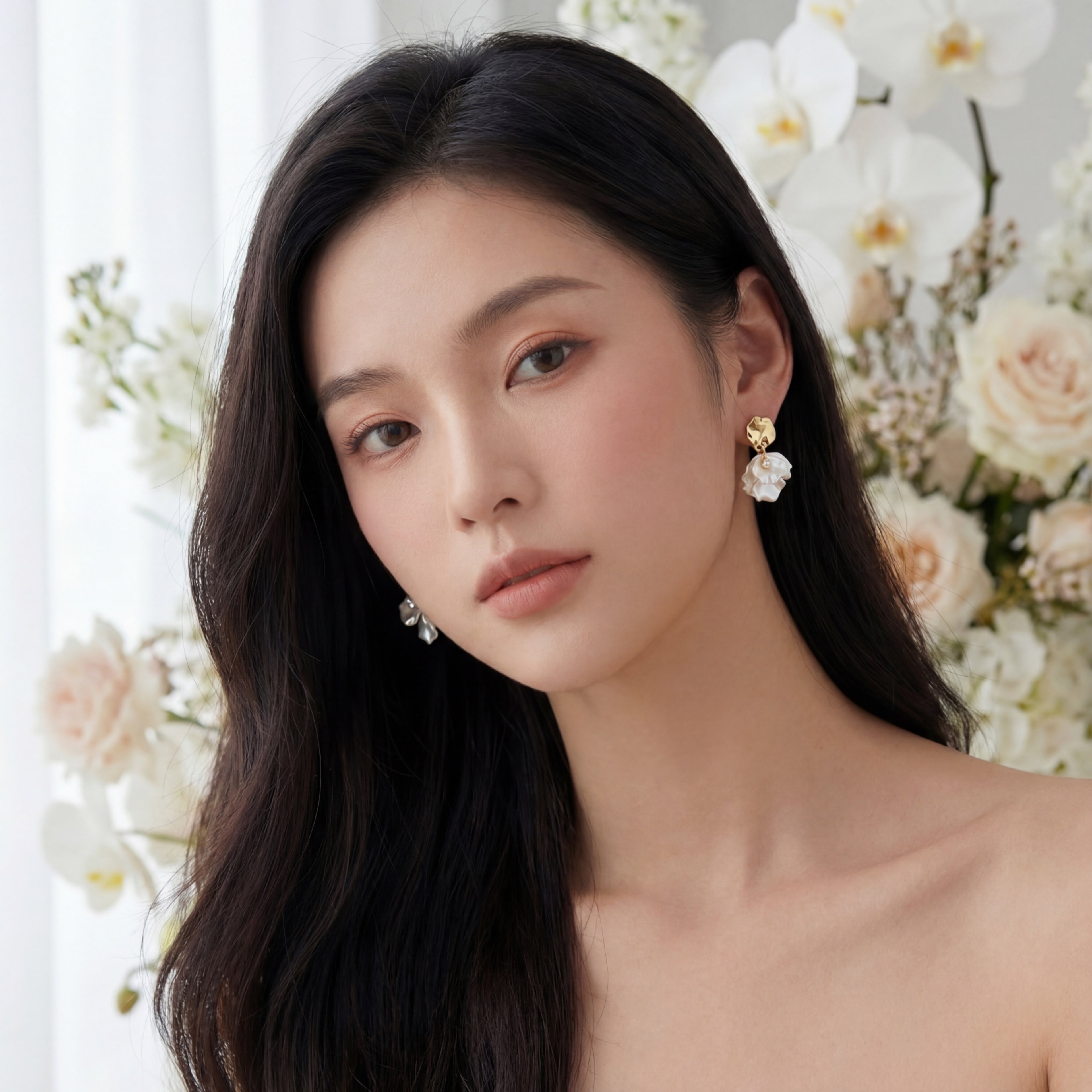 Korean Ethereal Cascading Petal Drop Earrings : YUFSER244