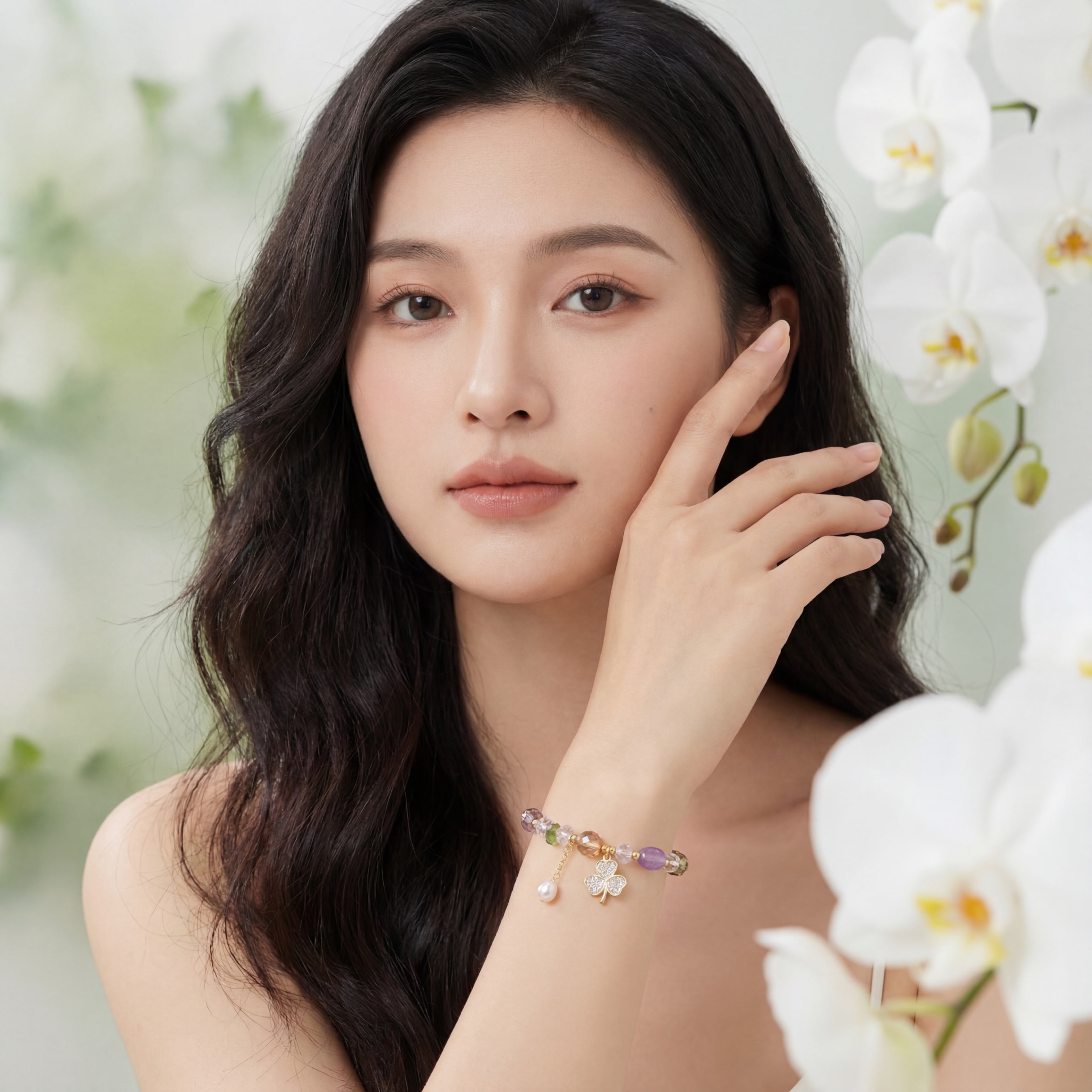 Korean Garden Of Luck Multi-Gemstone & Clover Bracel : YUFSBR214