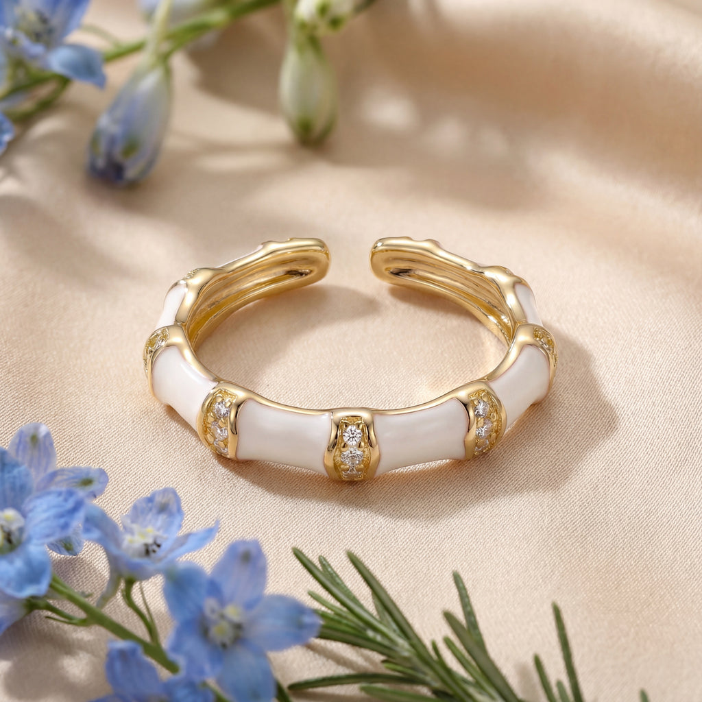 Korean Ivory Enamel & Gold Bamboo Wrap Ring : YUFSRG005-WH