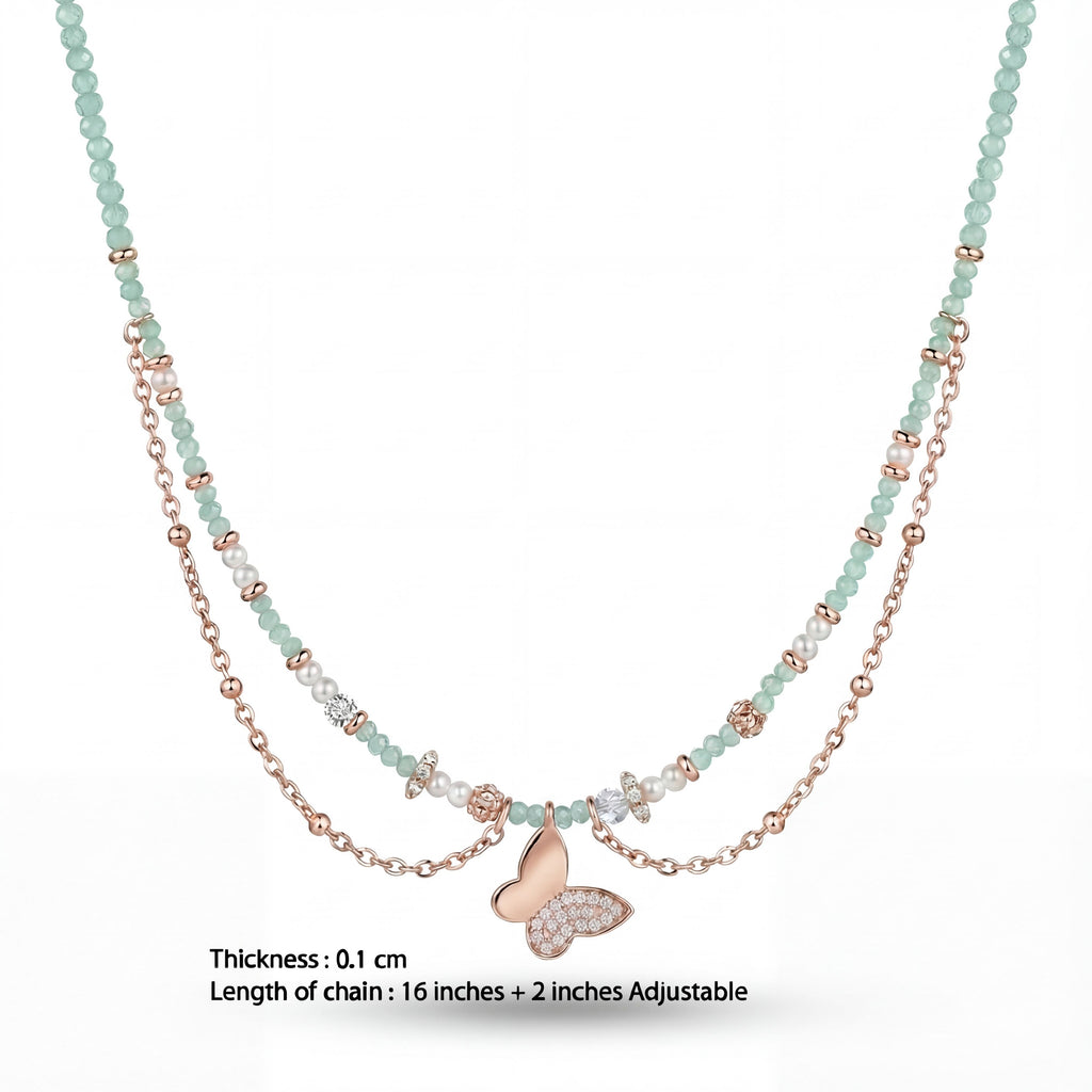 Korean Sage Green & Pearl Butterfly Layered Necklace : YUFSNL246