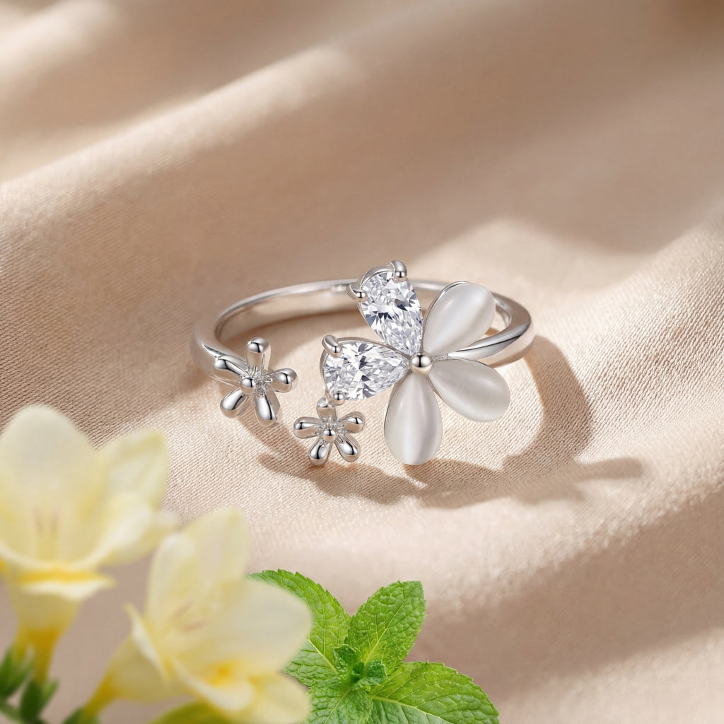 Korean Blossom & Bud Adjustable Open Ring : YUFSRG001-SL