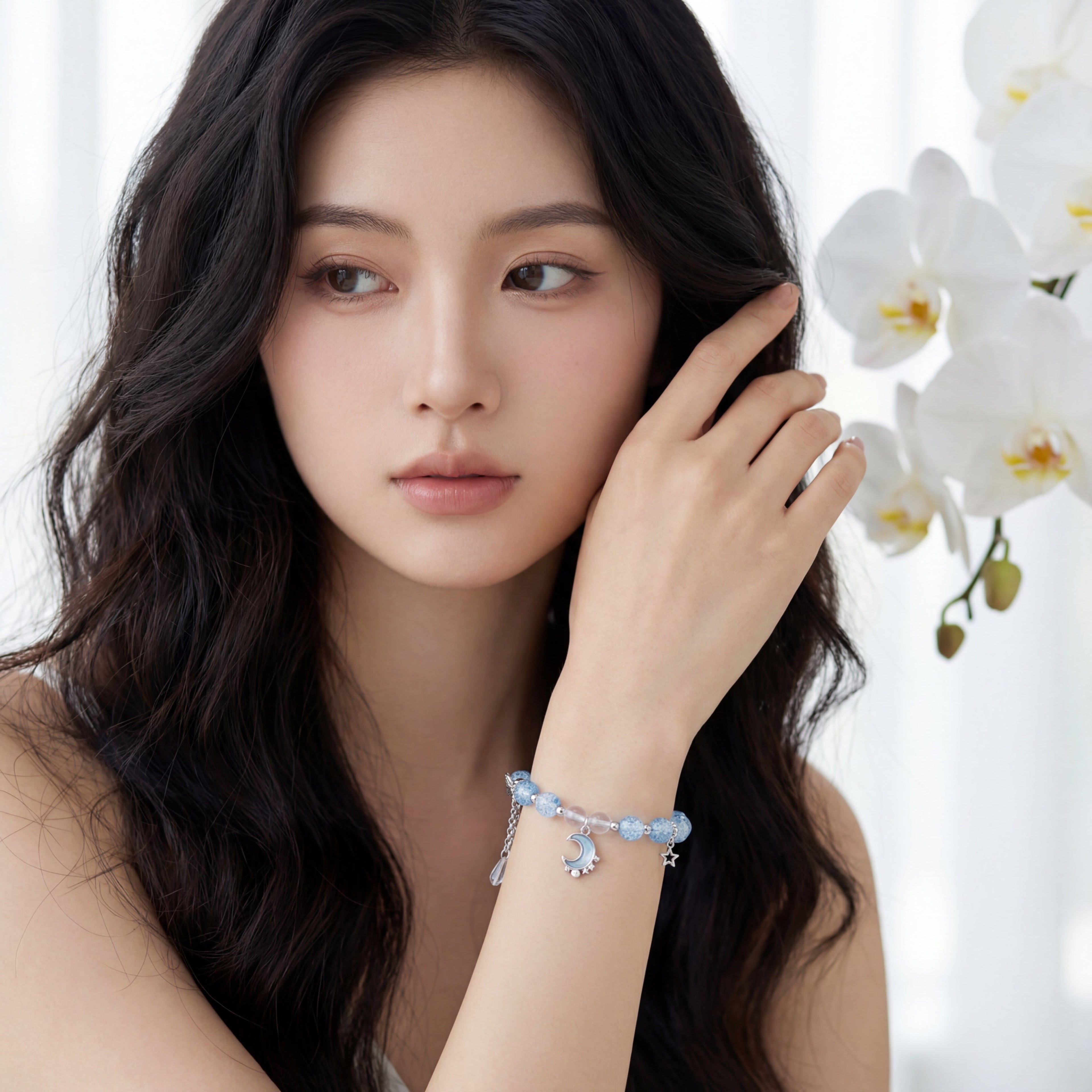 Korean Midnight Moon & Star Crackle Glass Charm Bracelet : YUFSBR213