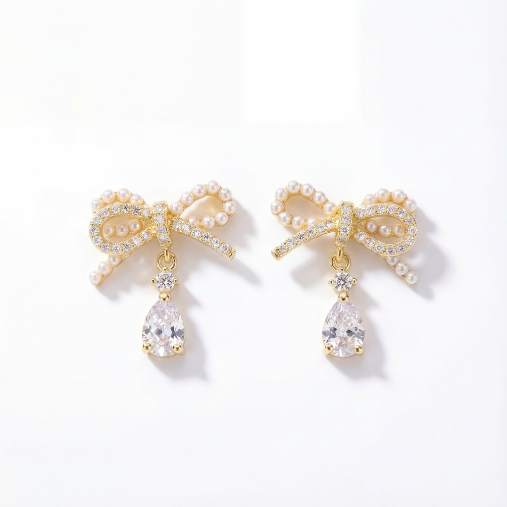 Korean Bow Earrings With Teardrop  Charms : YUFSER241