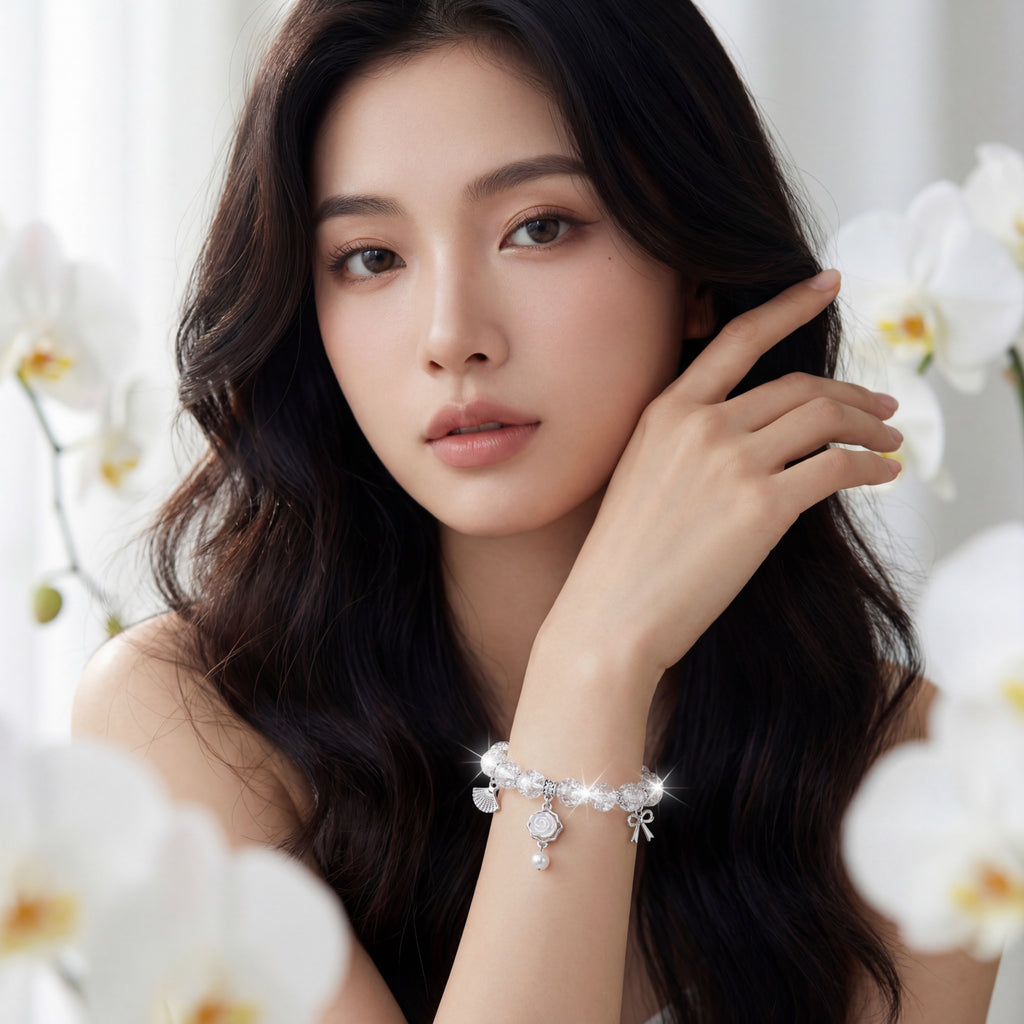 Korean Crackle Quartz & Carved Rose Charm Bracelet : YUFSBR211