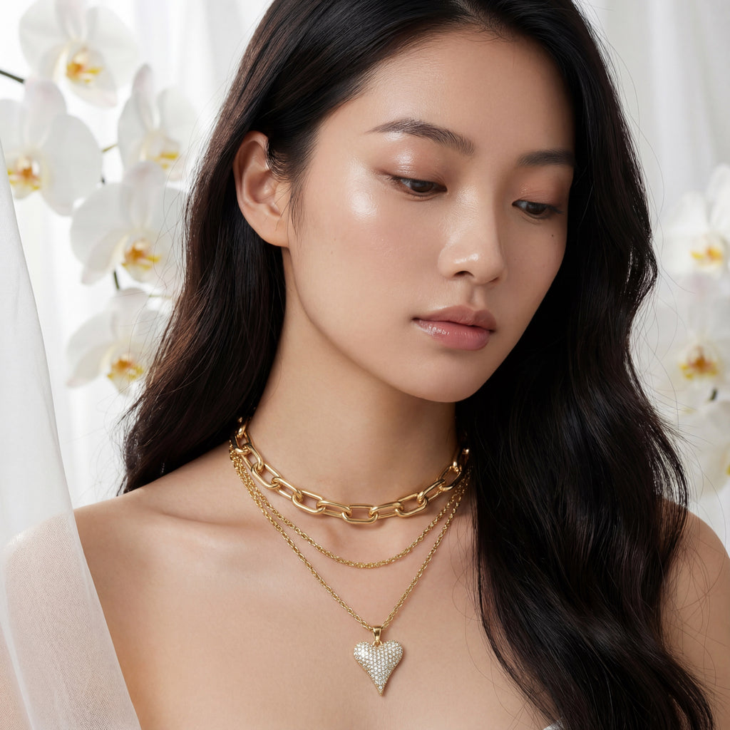 Korean Radiant Pavé Heart Triple-Layer Gold Necklace : YUFSNL254