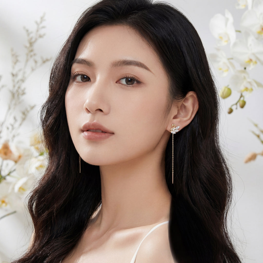 Korean Swan Crystal Threader Earrings : YUFSER270