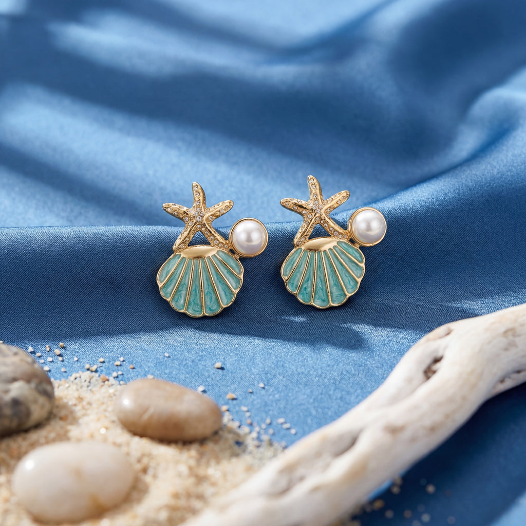 Korean Ocean Trio Starfish & Scallop Earrings : YUFSER274