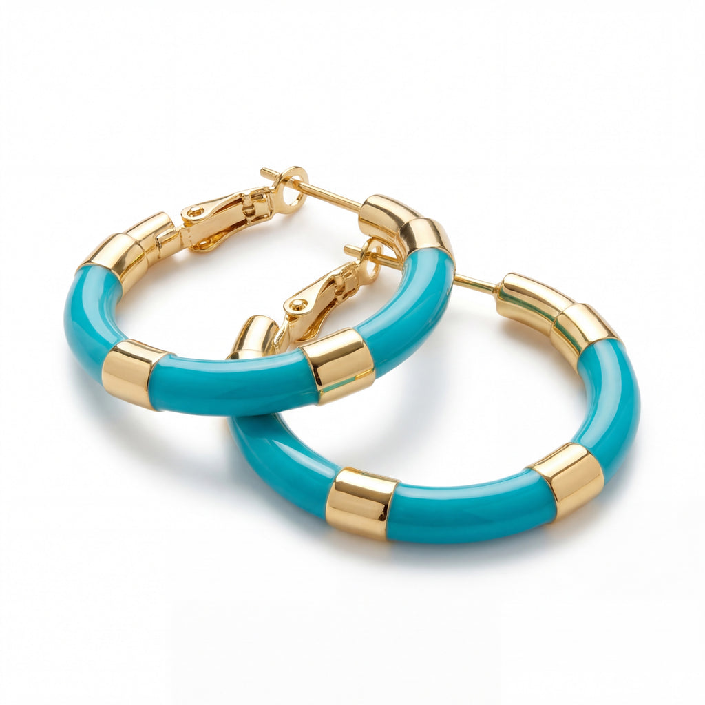 Korean Turquoise & Gold Segmented Hoops : YUFSER275