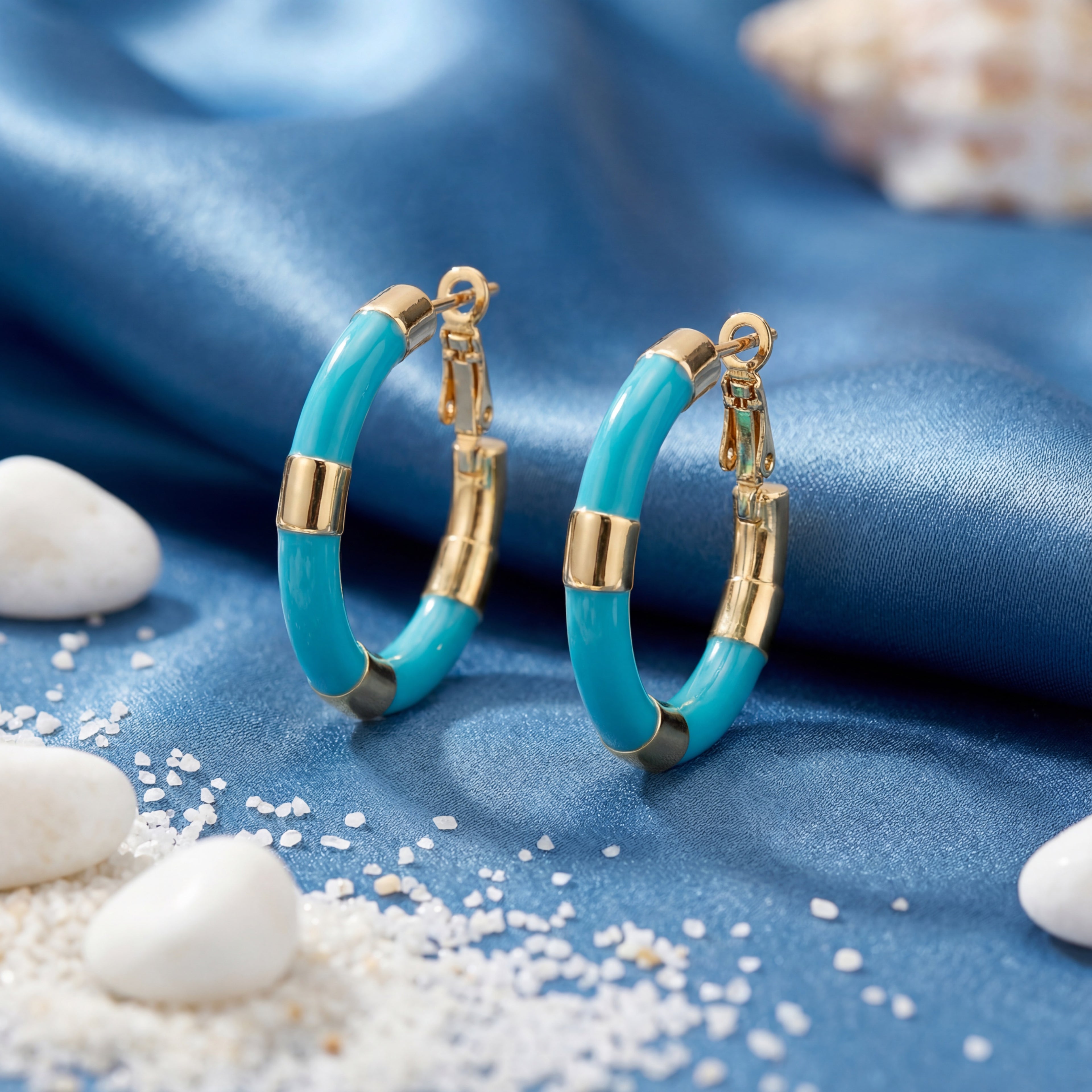 Korean Turquoise & Gold Segmented Hoops : YUFSER275