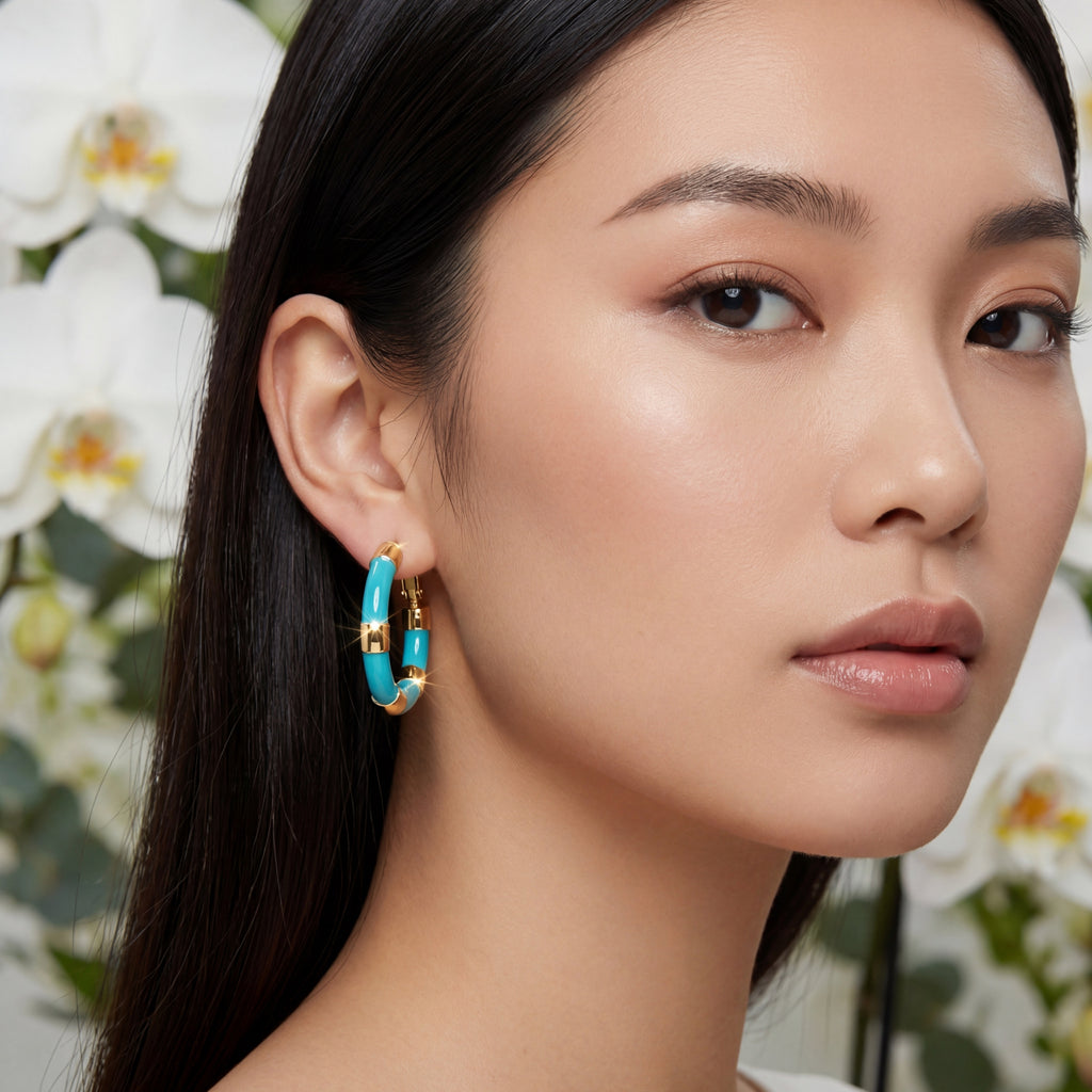 Korean Turquoise & Gold Segmented Hoops : YUFSER275